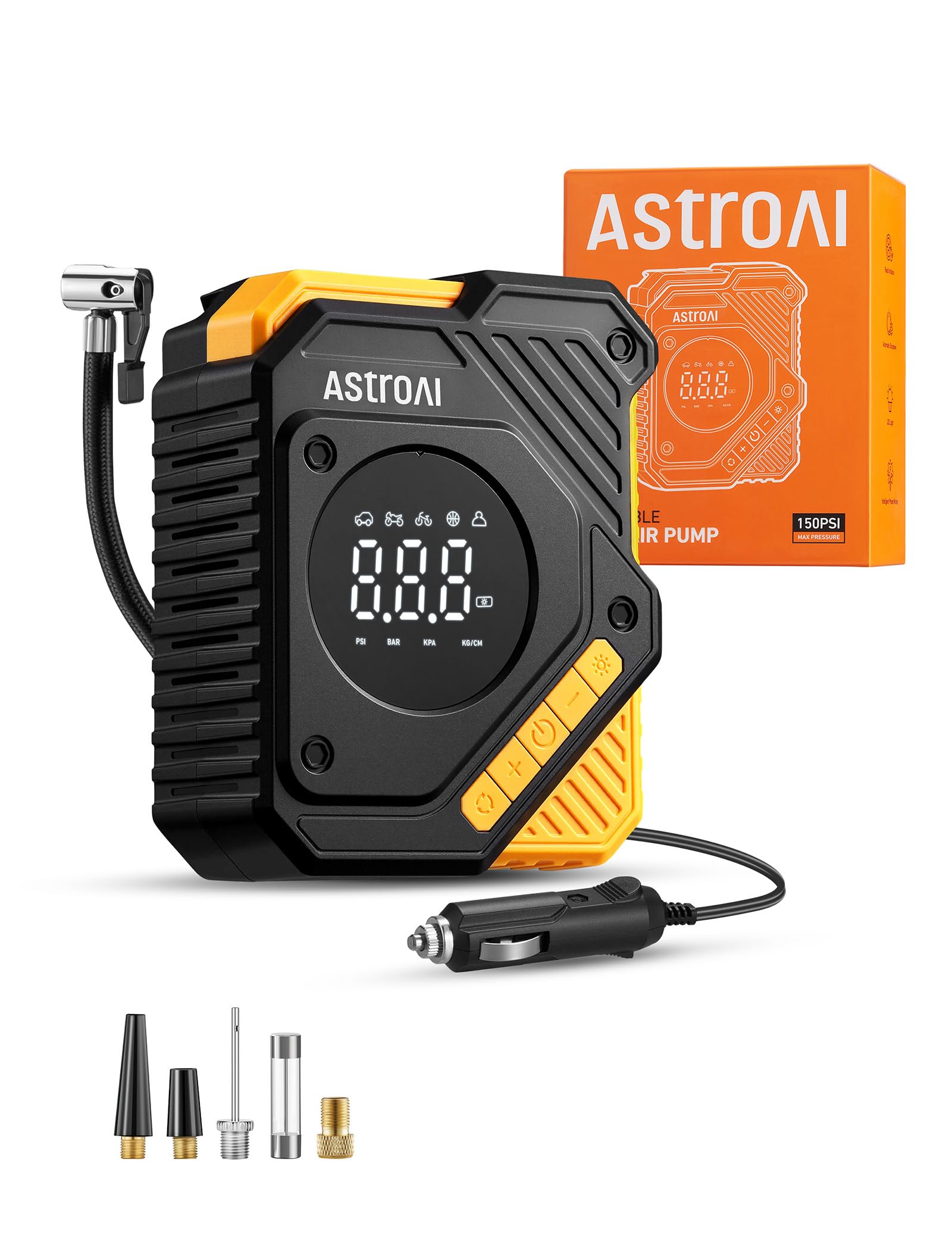 AstroAI Car Tire Inflator Air Compressor 12V DC, 150 PSI Digital Tire Pump with Pressure Gauge, Large LCD Display, Smart Preset & Auto Stop, for Car, Motorcycle, Bike Tires