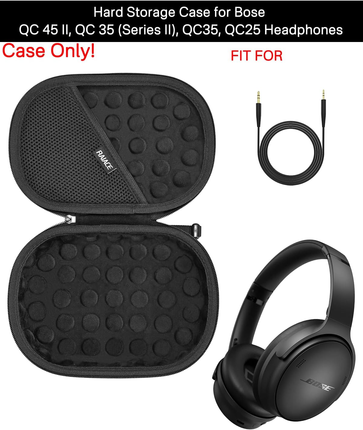 RAIACE Hard Storage Case Compatible with Bose QC 45 II, QC 35 (Series II), QC35, QC25 Headphones and Accessories, Protective Carrying Bag. - Black (Black Lining) - Image 2