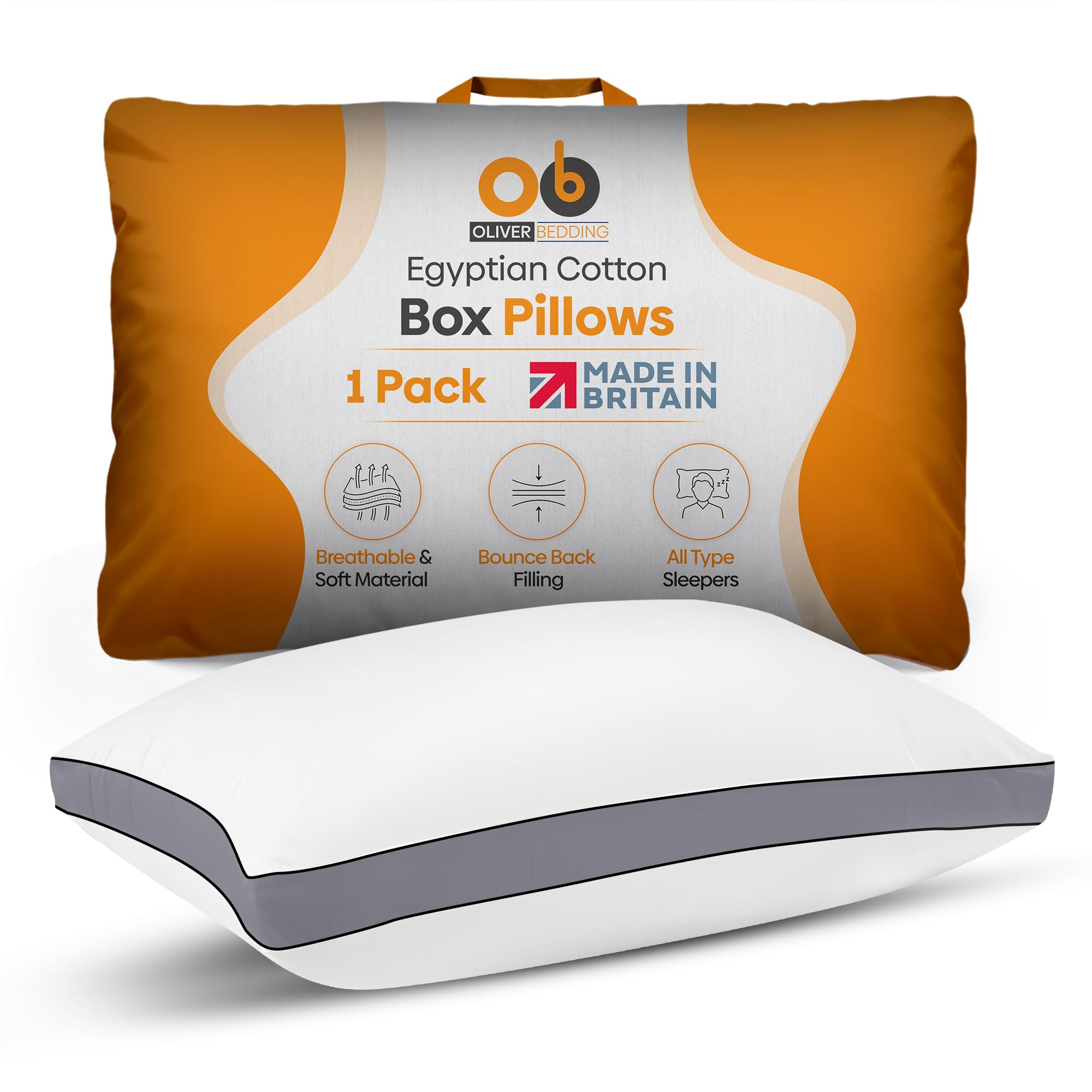 Premium Egyptian Cotton Box Pillows Hotel Quality Pillows for Back Stomach and Side Sleepers Down Alternative Filling Bed Pillow Hypoallergenic Breathable Washable Cover (Pack of 1) (Grey)