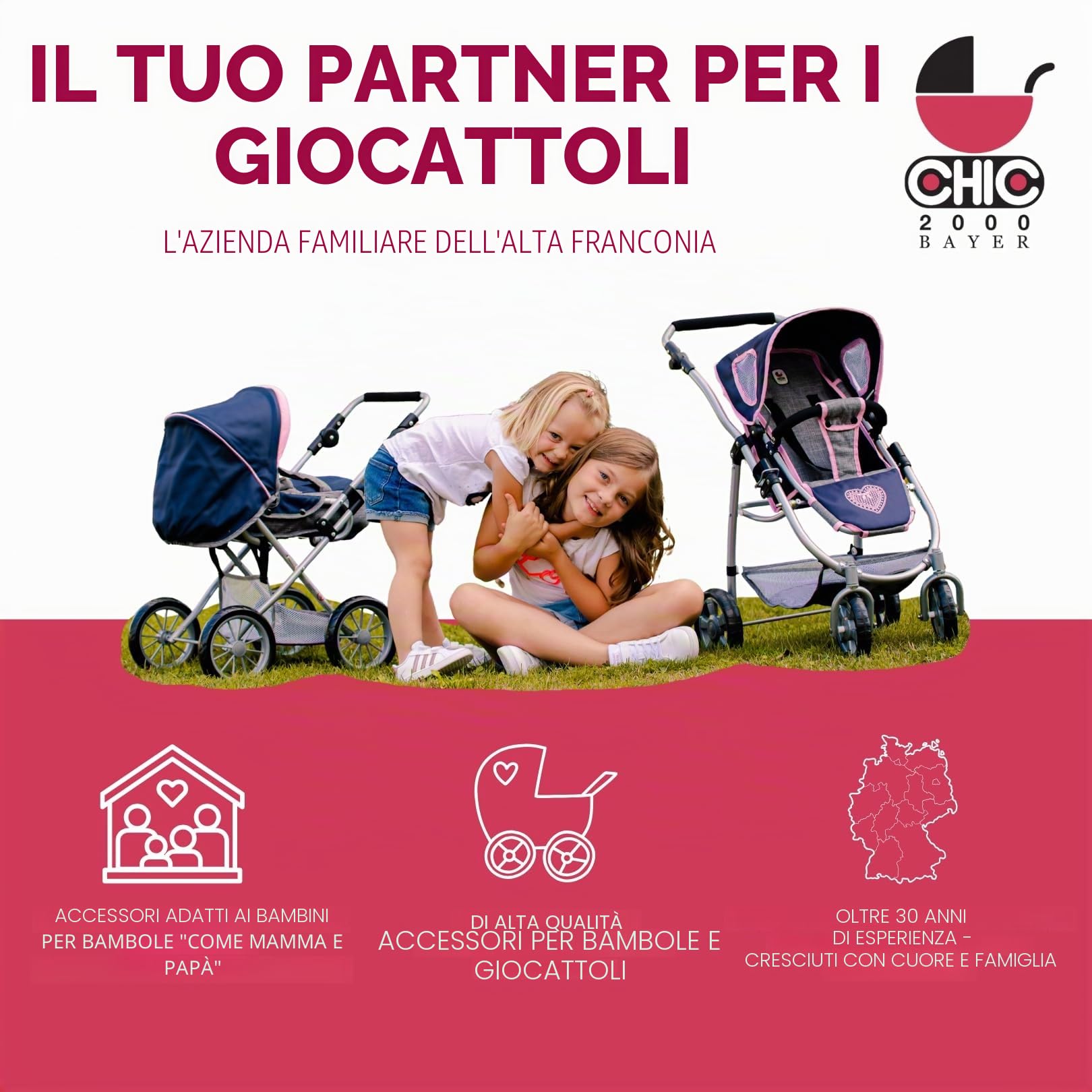 Bayer Chic 2000 - Passeggino per bambole Linus, passeggino combinato 3 in 1 per bambini dai 4 agli 8 anni, set passeggino per bambole, grigio melange, rosa, 72 x 41,5 x 82 cm