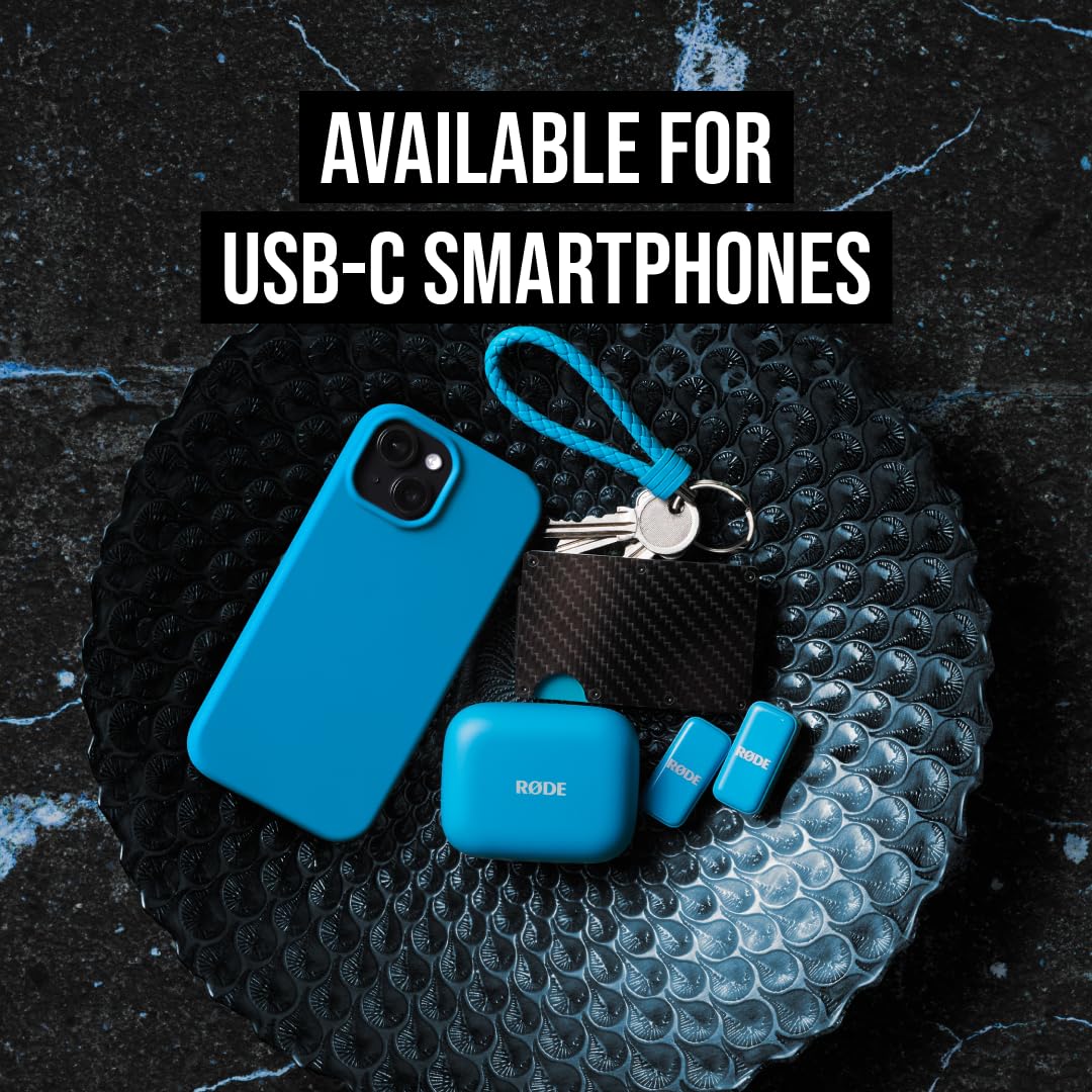 RØDE Wireless Micro - Microfono wireless compatto, due microfoni con custodia di ricarica per la creazione di contenuti su smartphone - USB-C, Blu