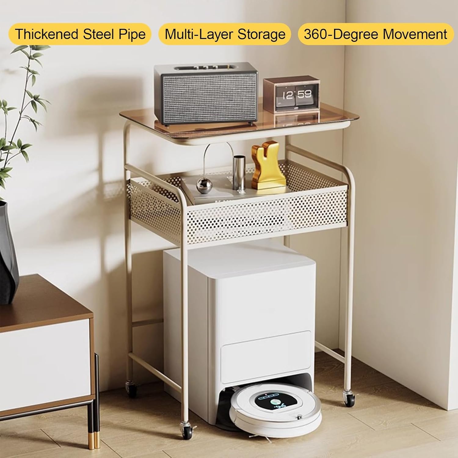 Multi-Tier Sweeping Robot Storage Rack with Wheels, Space-Saving Vacuum Storage Cabinet & Side Table for Living Room & Home Office (White, 60x75cm/23.6x29.5in)