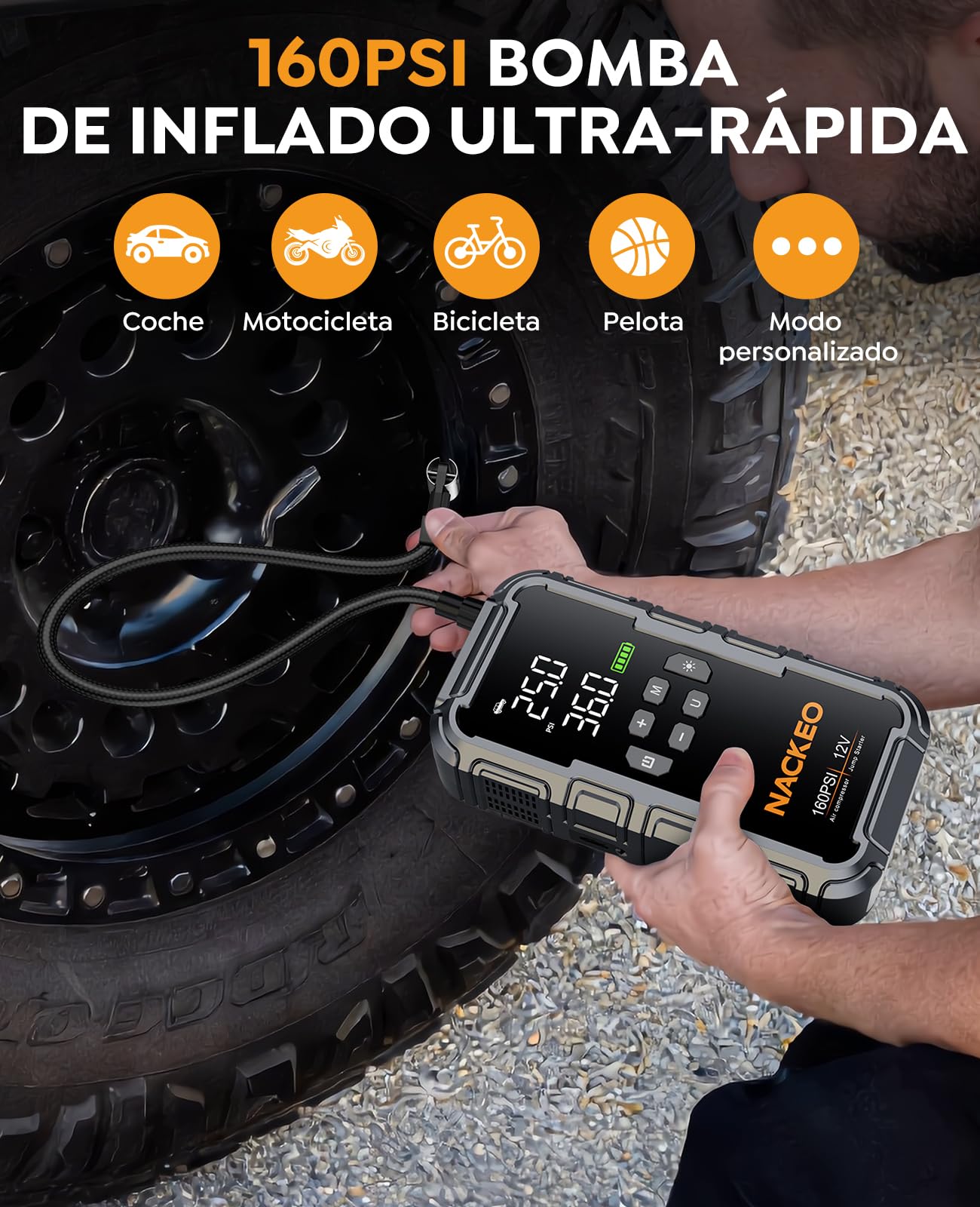 Arrancador de Baterias de Coche 8000A con Compresor, 160PSI Inflador de Neumáticos, Arrancador de Coches 12V (Gasolina y Diésel 12L), Jump Starter con Luz LED 600LM, Cables de Arranque, Pantalla LCD