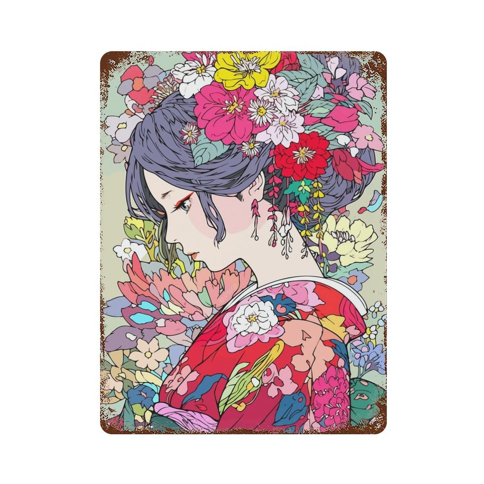 Aged Metal Wall Plaque with Kimono Flowers Girl Art Design 15.7"x11.8", for Basement, Hobby Room And Garage Decor, Farmhouse Wall Decor