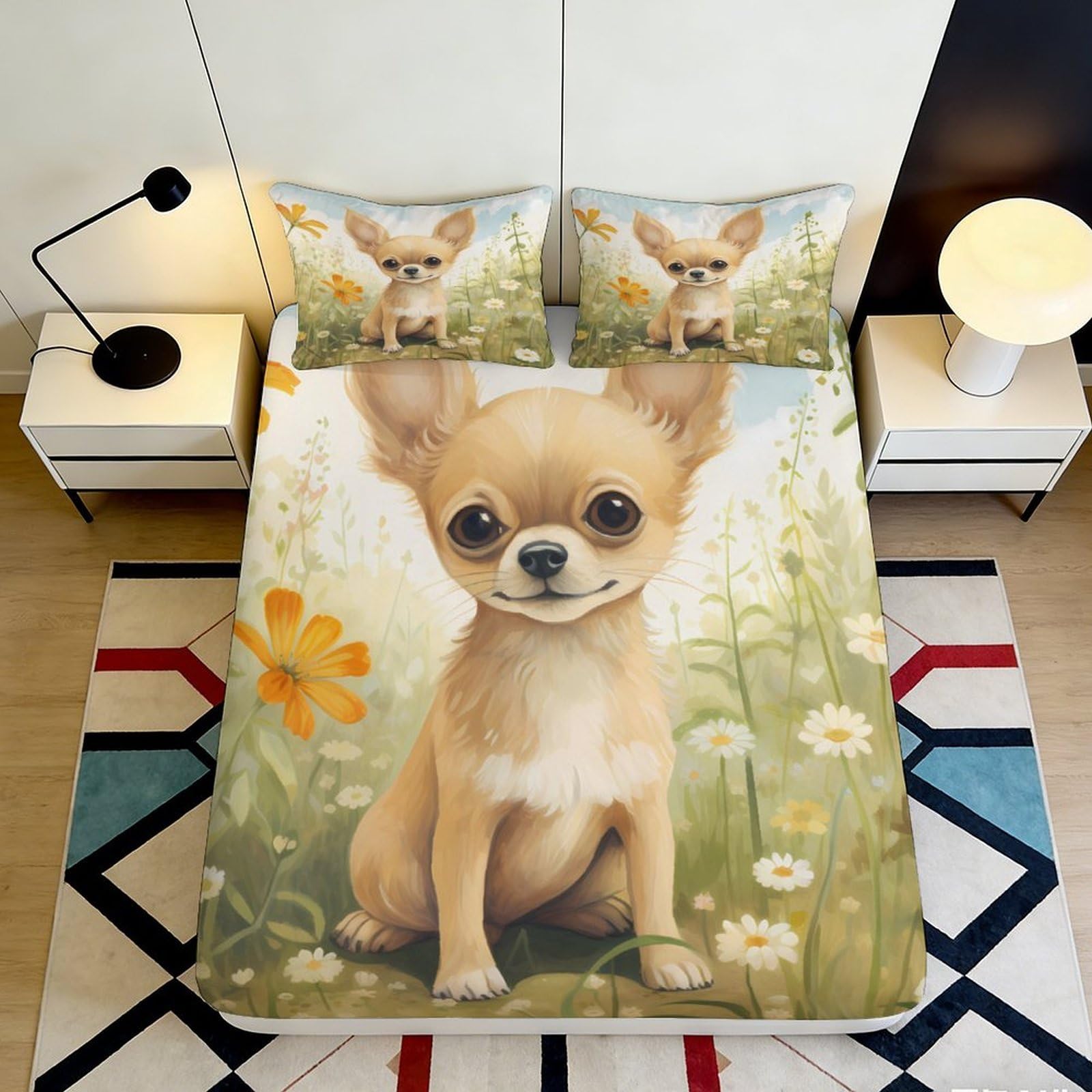 Jqzkxnhpbr Style-7 3D Printed Chihuahua Floral Fitted Sheet Microfiber Soft Breathable Dog Pattern Bed Cover For Bedroom Dorm Decor 90X200x25cm