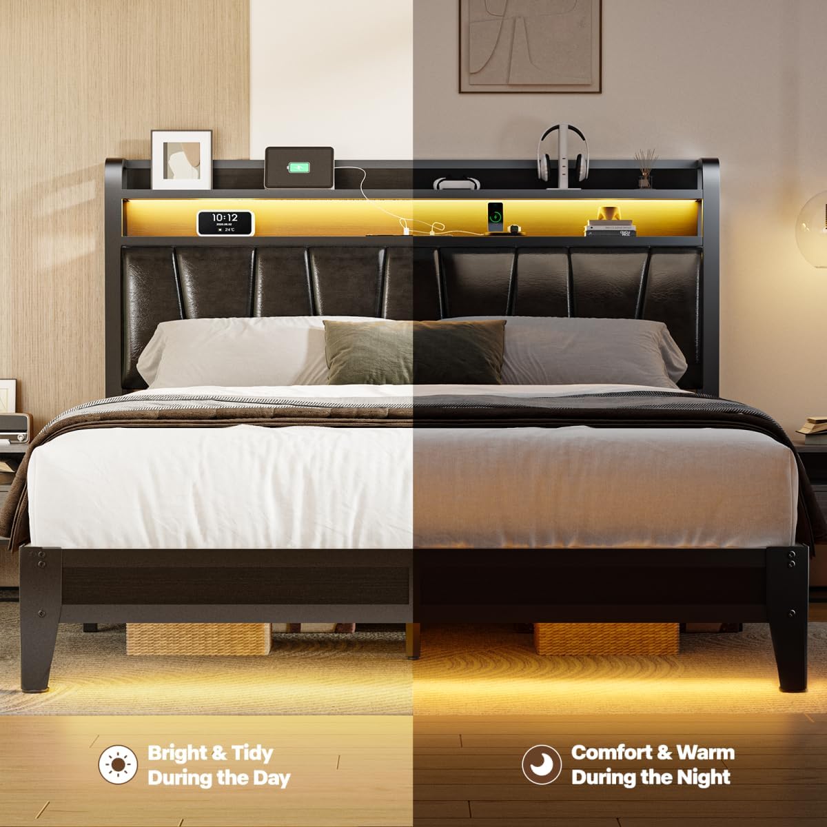 OtevehdeQueen Size Bed Frame with 2-Tier Storage Shelves, LED Bed Frames with PU Leather Headboard, Metal Platform Bed with Charging Station, Noise Free, No Box Spring Needed, Easy Assembly, Black