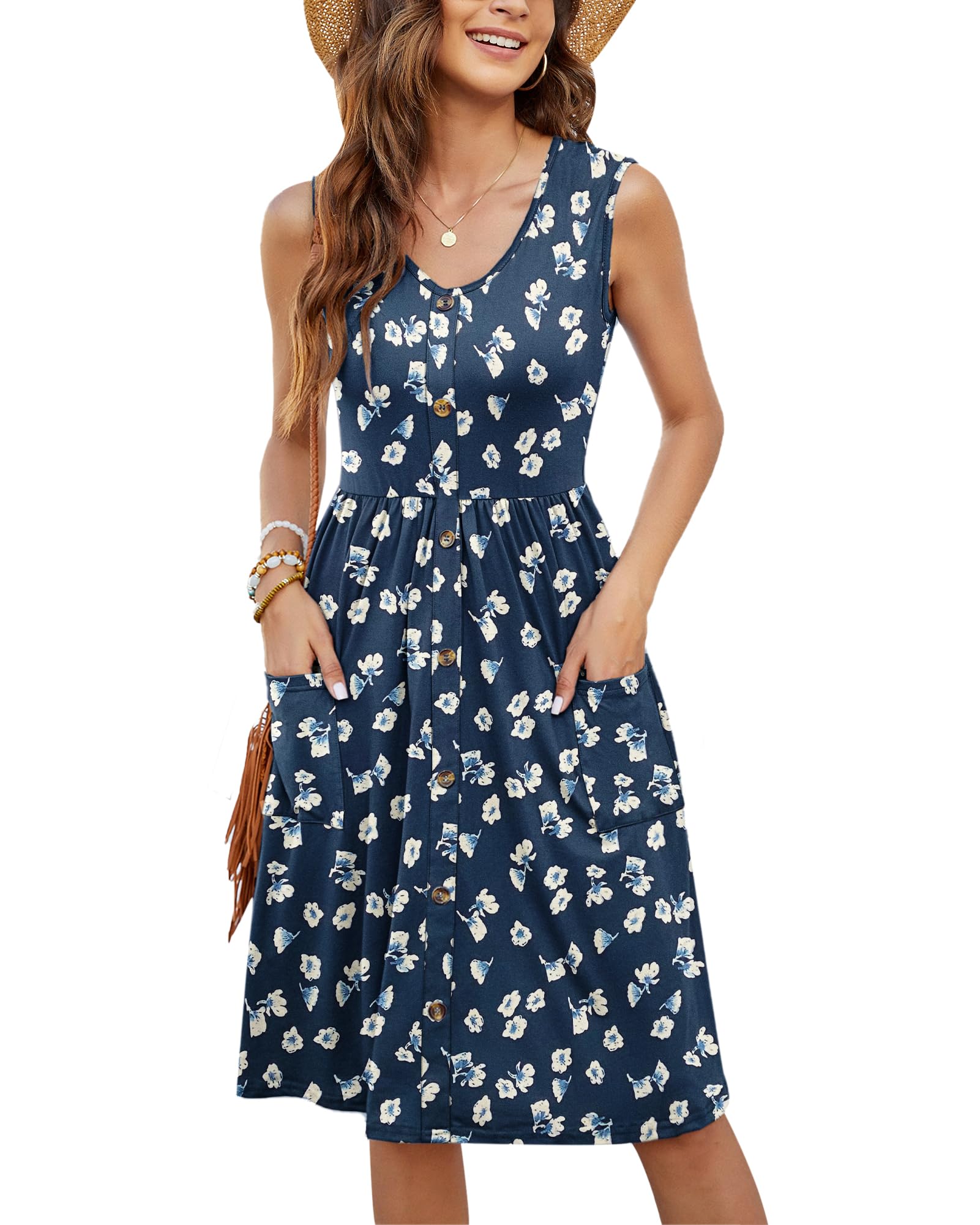 MOLERANI Summer Dresses for Women UK Ladies Casual V Neck Beach Dress Swing Button Midi Sundress Dress with Pockets Floral Navy 2XL