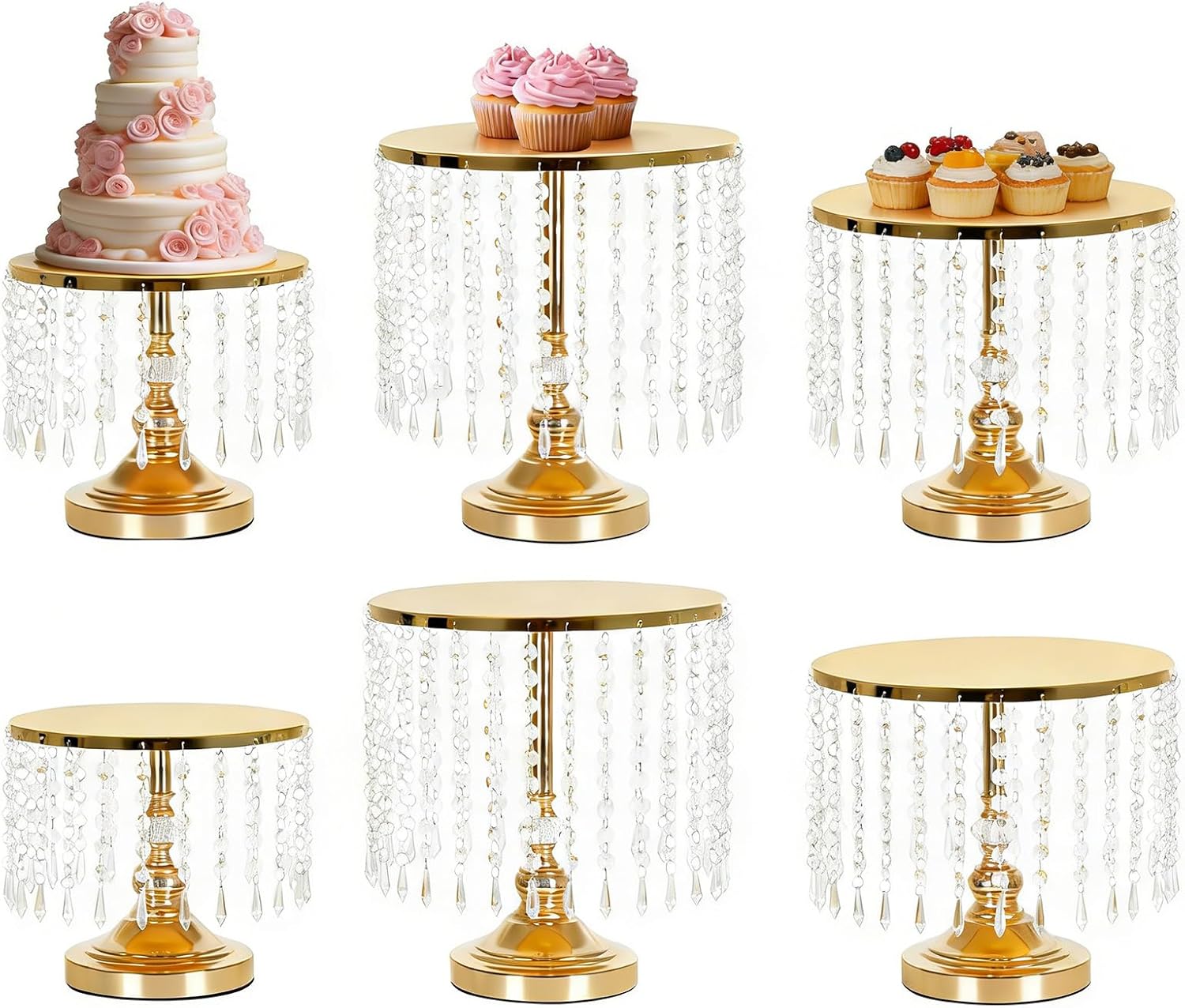 Vincidern Wedding Cake Stand for Dessert Table, 6pcs Gold Cake Stand with Crystal Pendants for Wedding, Party, Events, Round Dessert Cupcake Stand Display Plate (Metal)