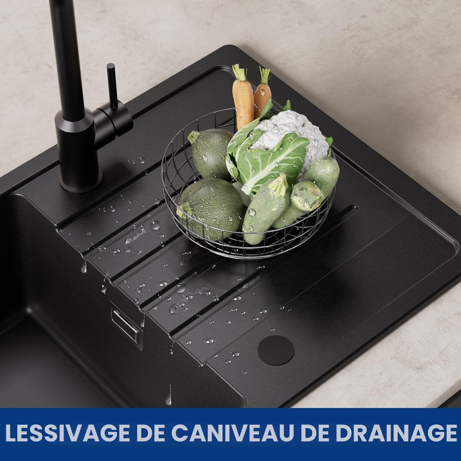 CECIPA Évier de Cuisine 1 Bac en Granit Noir 78 x 45 cm, 80% Sable Quartz Résistant à l'usure et aux chocs, Évier Cuisine Installation Réversible, avec Kit de Vidage