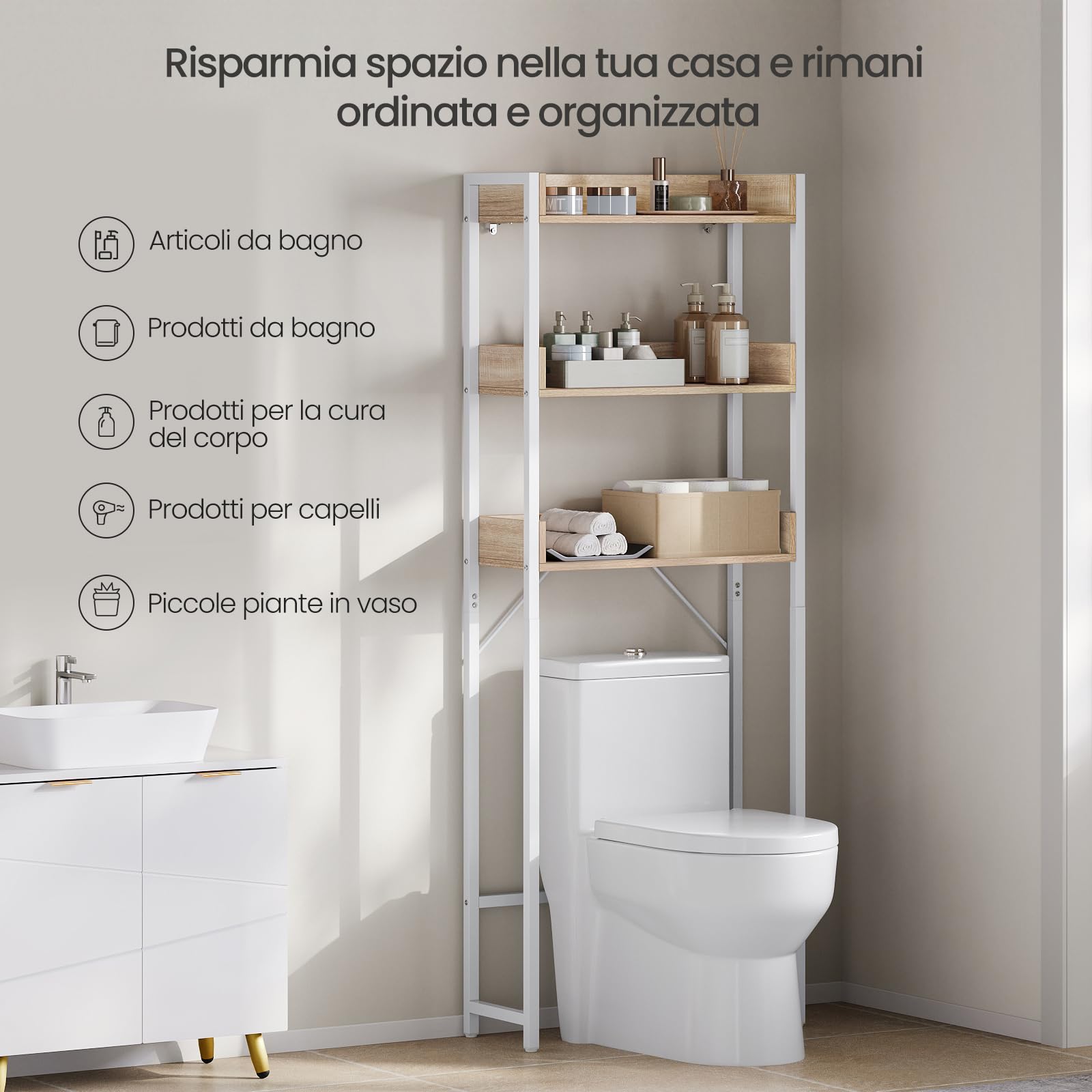 EUGAD Mobiletto Bagno Salvaspazio, Scaffale Lavatrice con 3 Ripiani, per Lavanderia, Bagno, Soggiorno, Balcone, Legno e Metallo, Rovere Chiaro+Bianco, 63x25x166,5 cm