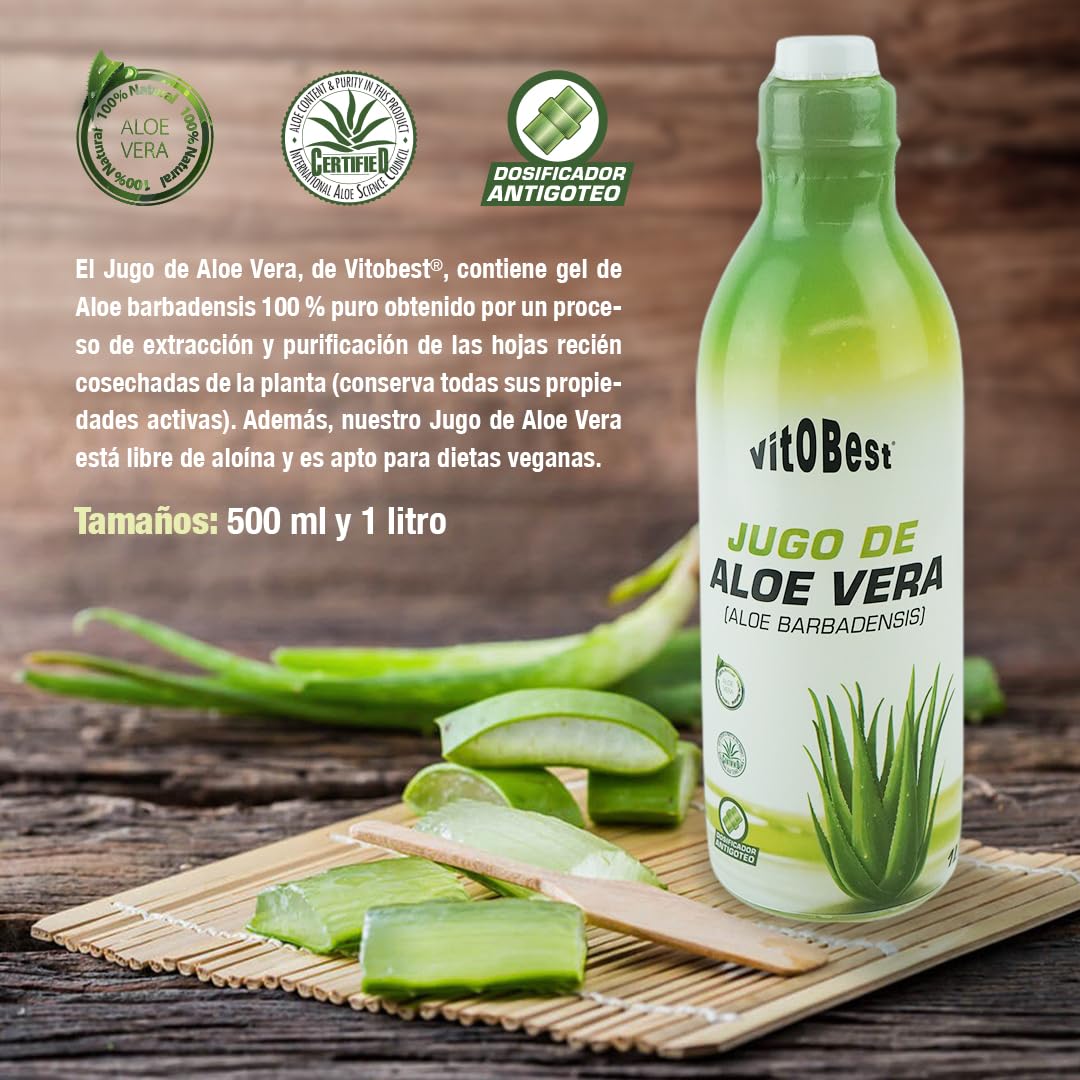 VITOBEST | Plantas Jugo de Aloe Vera | Ayuda a mitigar los pequeños malestares gástricos | Producto libre de aloína y apto para dietas veganas | 1 L