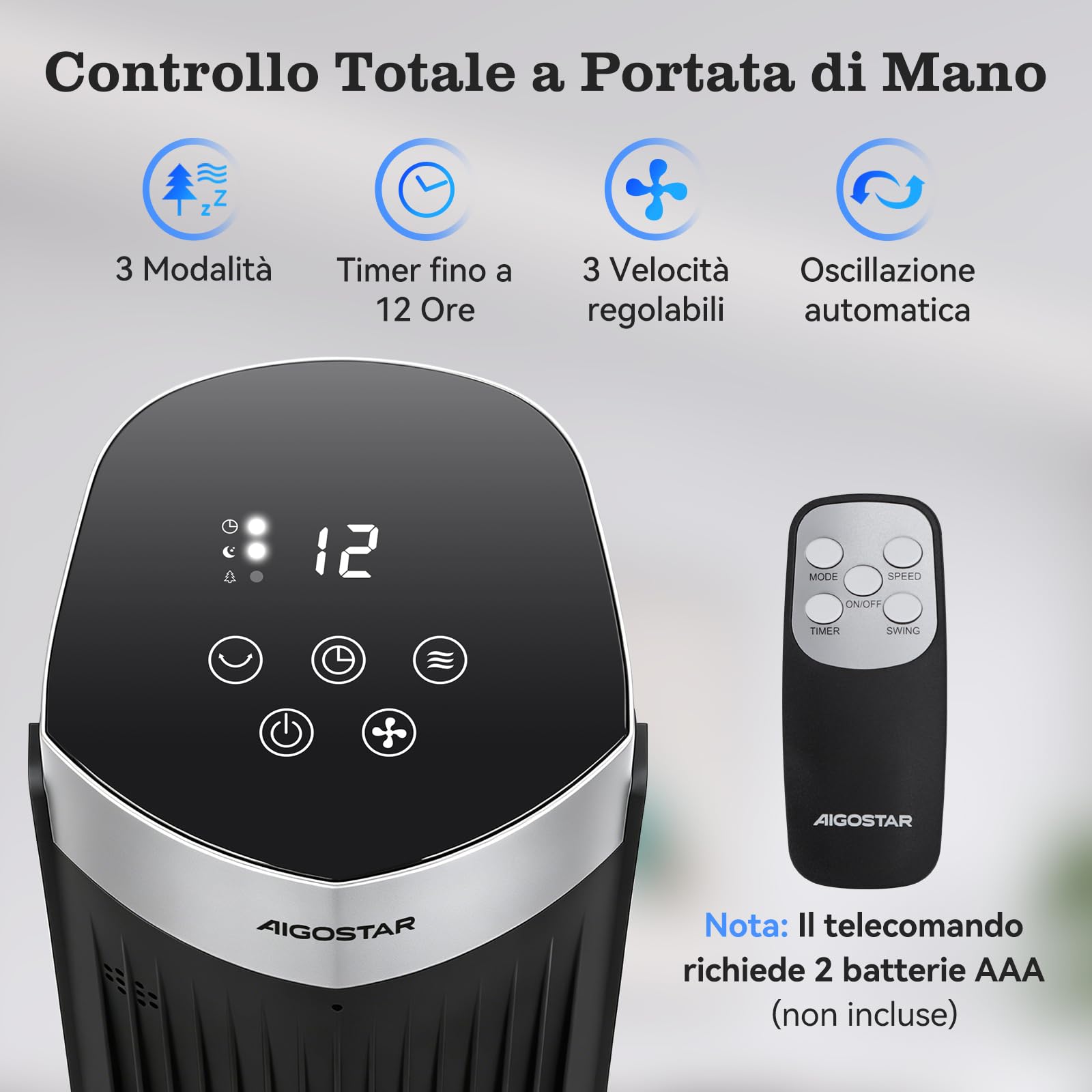 Aigostar Ventilatore a Torre Silenzioso con Telecomando e Timer 12H, 3 Modalità (Normale/Naturale/Sleep), 3 Velocità Regolabili, Oscillazione, LED Display, 28 dB, Portata Aria 1752m³/h, Nero *2