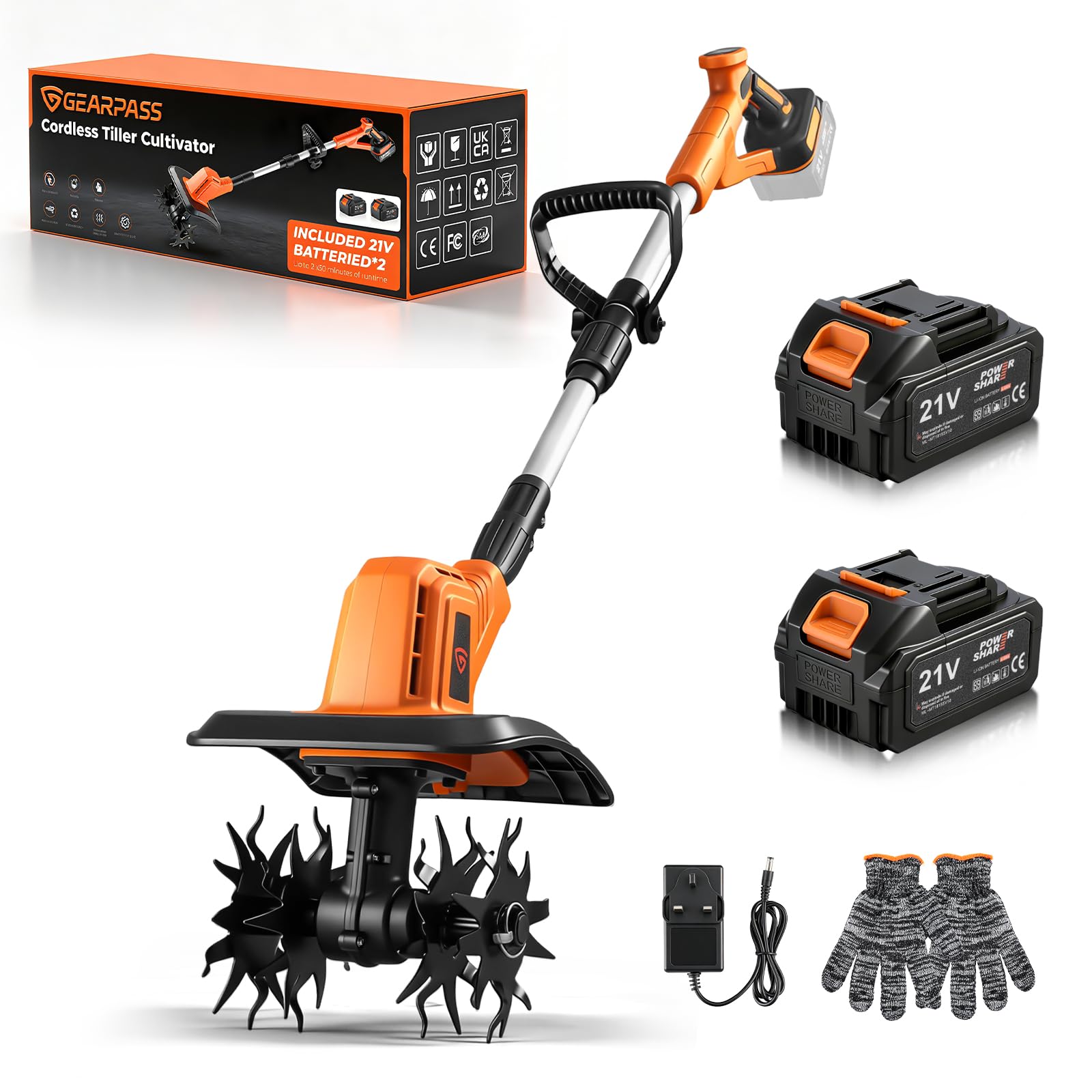 GEARPASS Cordless Electric Tiller Cultivator, 21V Battery Powered Garden Tiller with 2×4.0Ah Batteries, 9″ Tilling Width & 6.6″ Depth, 360RPM 48 Rust-Resistant Blades for Soil & Gardening