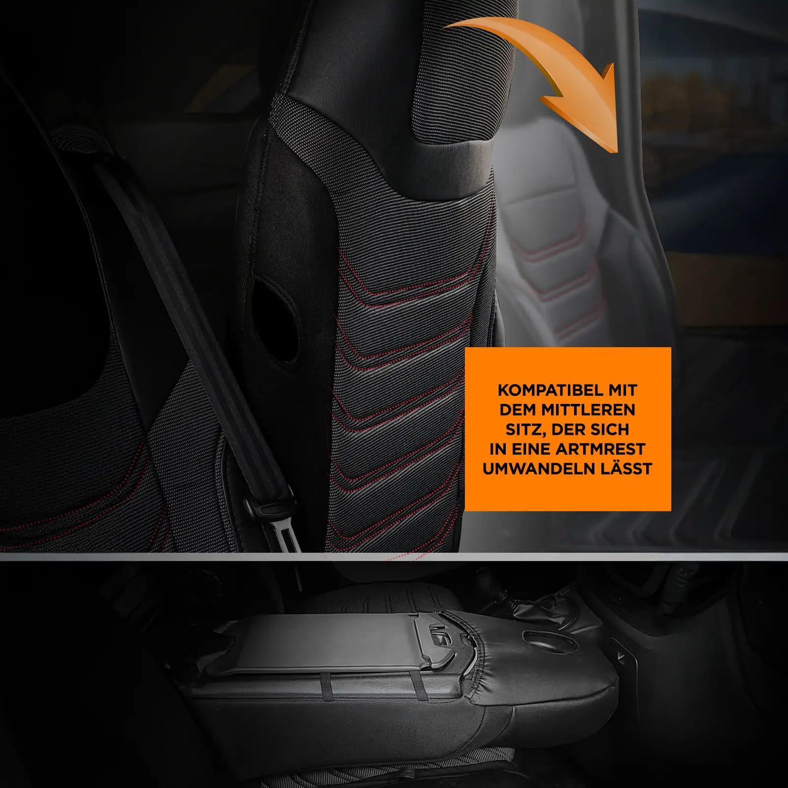 Autositzbezüge 2+1 für Renault Trafic 3, Opel Vivaro B 2014-2018, FIAT Talento 2016-2020 - Piqué-Stoff/Schwarz-Rot - Vordersitz-Set (rechter Beifahrersitz geteilt)