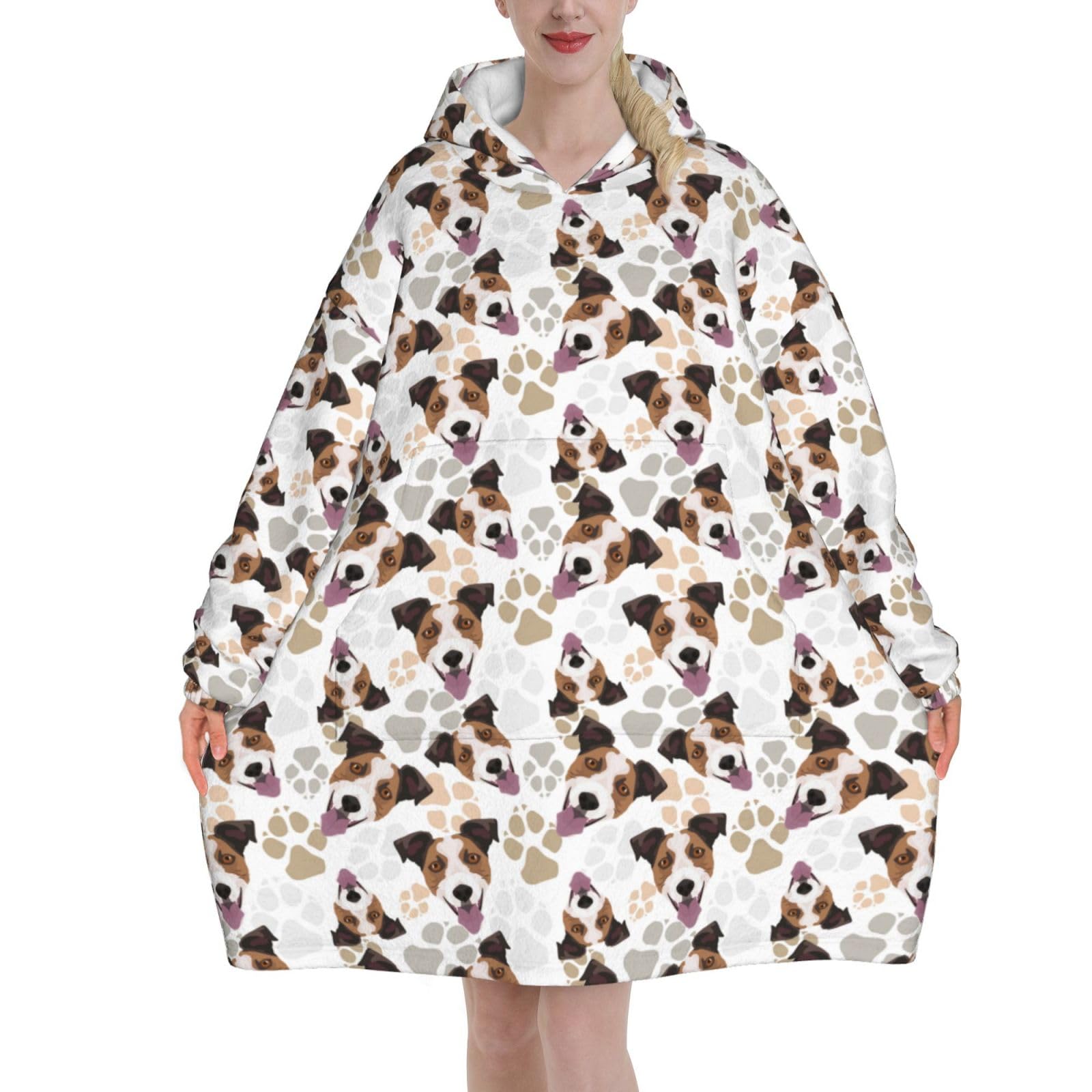 Yxdvpalne Unisex As Picture Jack Russell Terrier Dog And Paws Oversized Women's Wearable Blanket Hoodie, Flannel Pullover Blanket, Blanket Sweatshirt