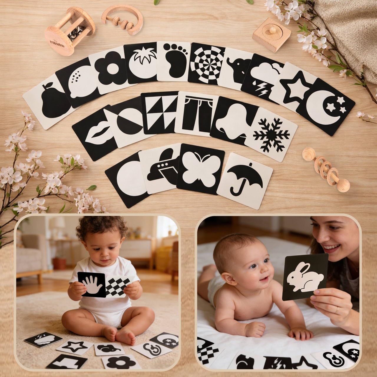 Kit jouet Montessori pour bébé avec Jouets d’Éveil en Bois Naturel, Cartes Visuelles Noir et Blanc, Panier en Coton Premium – Cadeau Naissance, Hochet Dentition, Développement Sensoriel