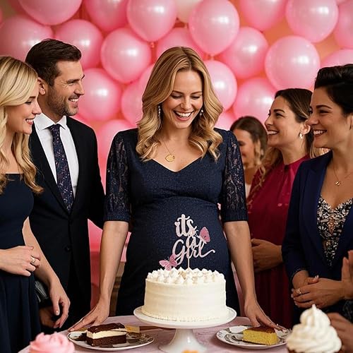 Miniatura 2 de ALISSAR Decoración de pastel de doble cara de oro rosa con texto en inglés "It's A Girl" con mariposa 3D hecha a mano para decoración de fiesta de