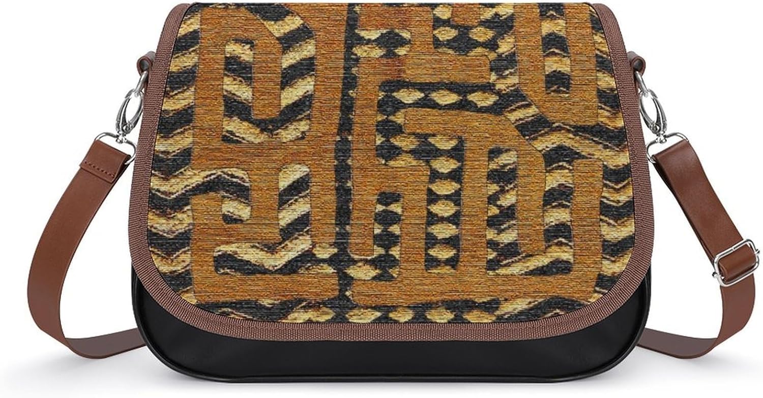 African Kuba Cloth PrintWomen's Faux Leather Crossbody Bag, Waterproof Wrinkle-Resistant Shoulder Bag with Detachable Strap, Large Capacity Casual Handbag, Fashion Daily Purse for Shopping Work Dating