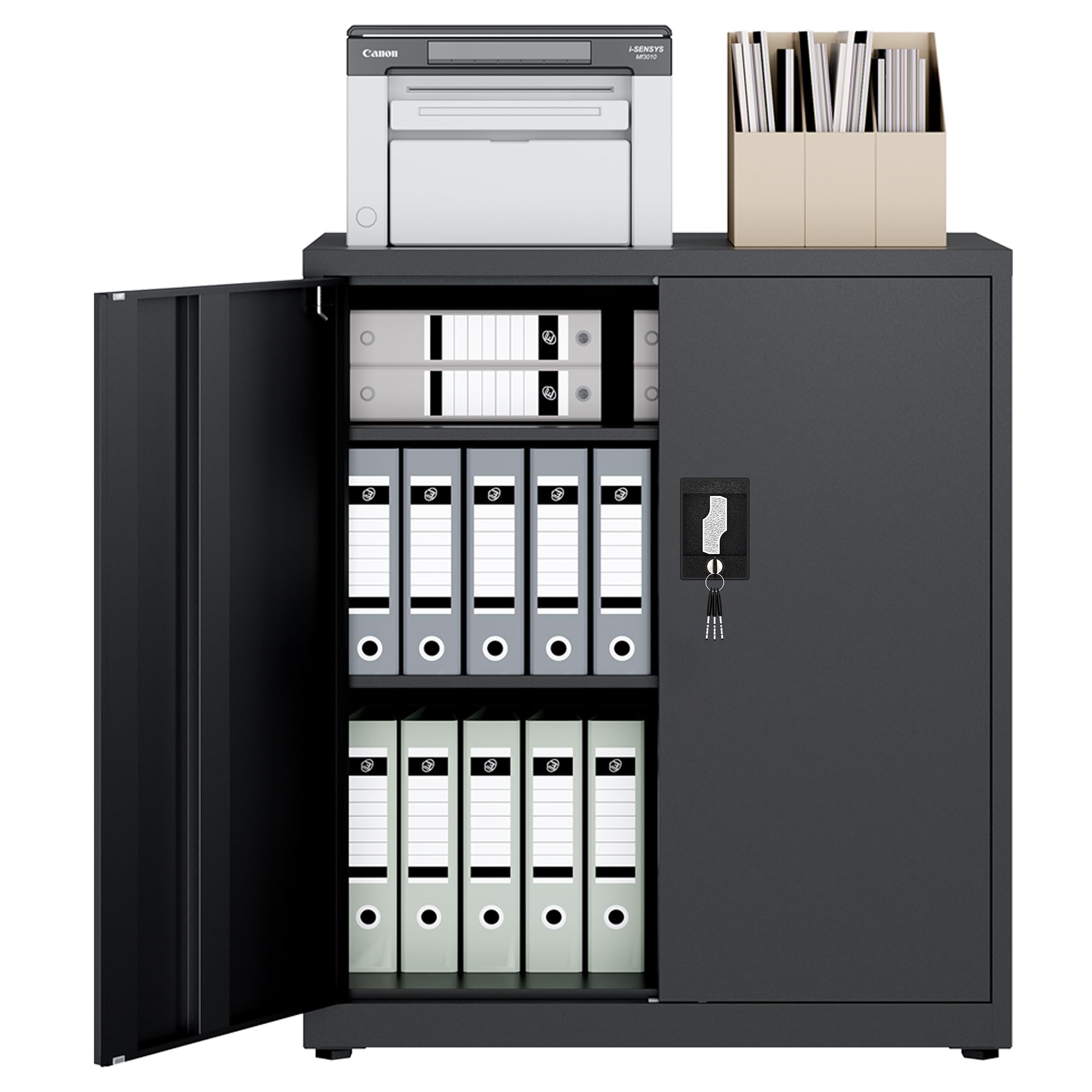 LAND·VOI Armadio in Acciaio 3 Ripiani con Serratura Ripiani Regolabili Ante a Doppia Porta Armadio per Ufficio Mobile in Metallo per Ufficio Garage Cucina Officina 80×40×91.5 cm Nero
