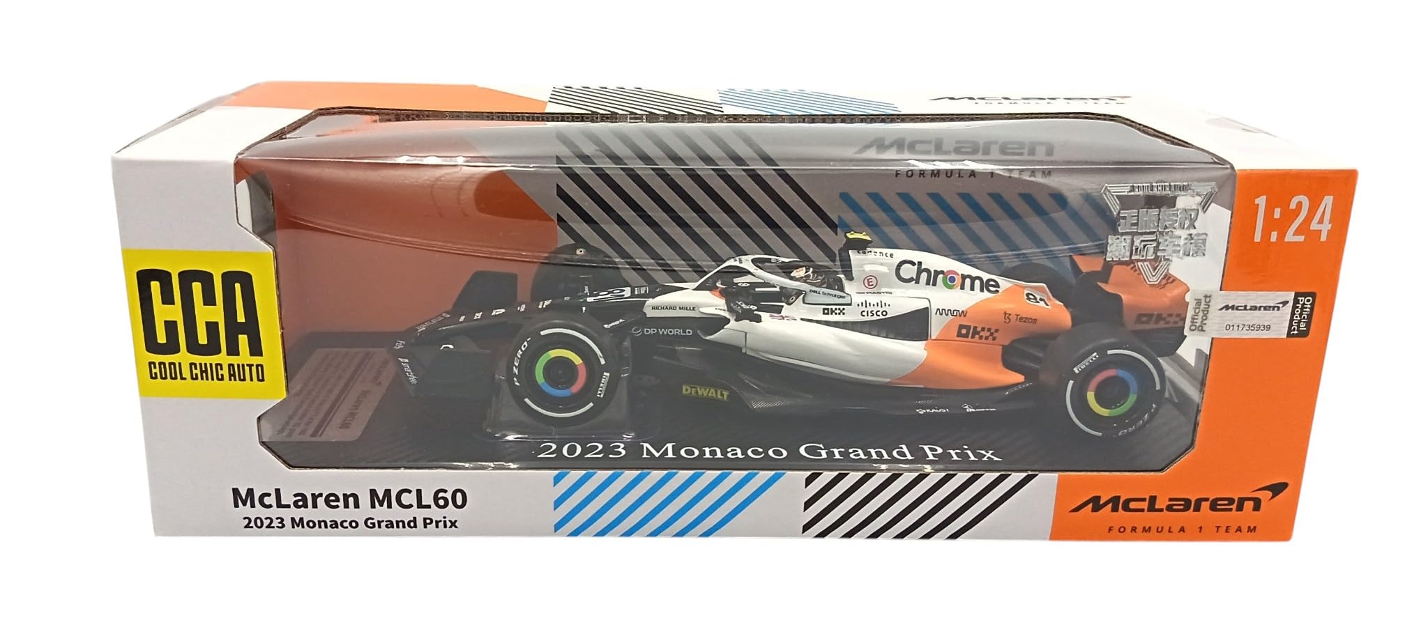 Coche de Fórmula 1 a Escala 1:24 con Casco de piloto, Compatible con McLaren MCL60 Piastri #81 2023 Gran Premio de Mónaco 10.º - CCA 81-68203