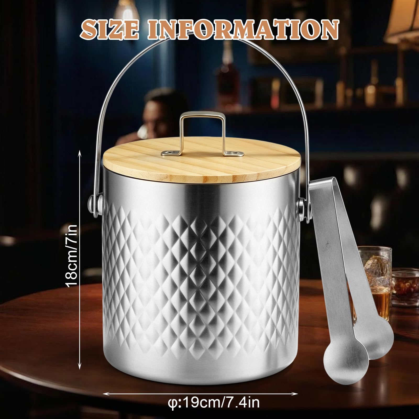 Edelstahl Eiskübel, 3L, 19×19×18cm Doppelwandiger Eiskübel, Eiswürfelbehälter mit Deckel und Zange, Eiskübel mit Zange für Bar, Party und Zuhause, Bier Champagner Wein und Obst, Silber