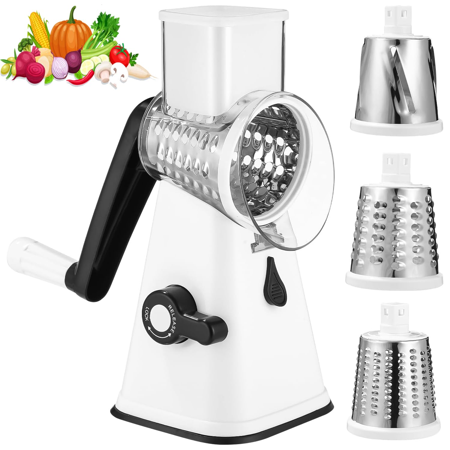 Birshe Cheese Grater with Crank, Grater for Vegetables with 3 Drum Blades, Drum Grater, Rotary Cheese Grater Chopper and Easy Cutting, Vegetable Slicer, Ideal for Cheese, Cucumbers, Carrots, Nuts
