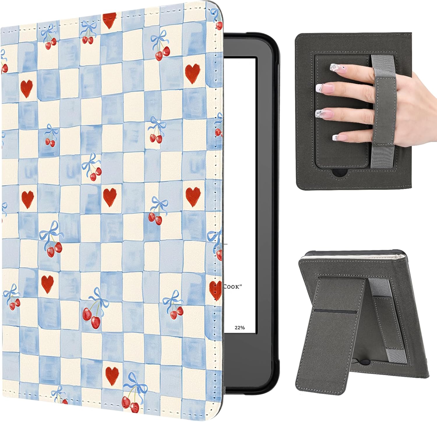 Idocolors Cute Cherry Heart Case for 7" Kindle Paperwhite (12th Gen-2024), Slim Foldable Stand PU Shell Cover Case with Auto-Wake/Sleep & Hand Strap for Kindle Paperwhite 2024