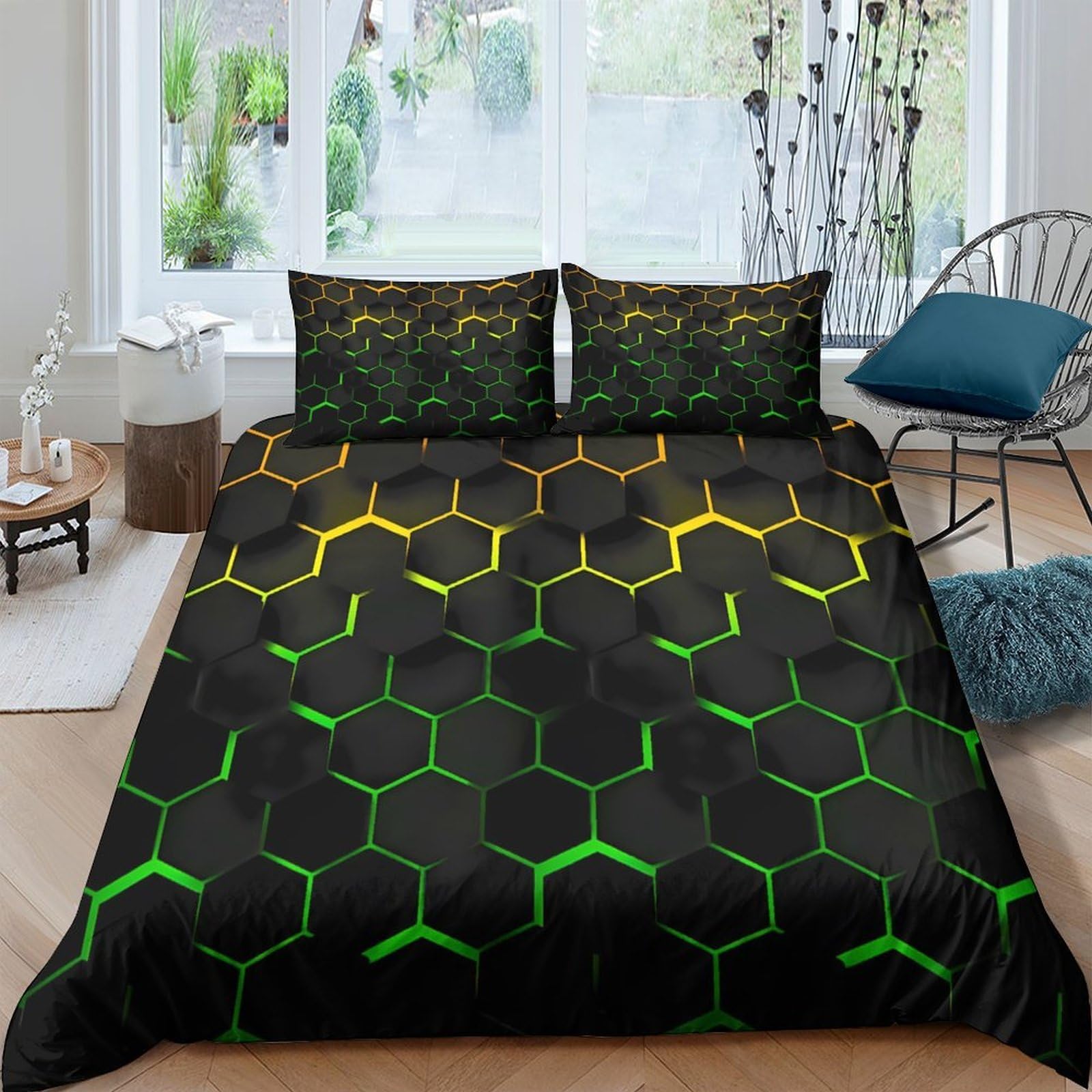 Ctjqhvkz Style-4 3D Printed Black Hexagon Fitted Sheet Microfiber Soft Geometric Green Yellow Mattress Cover Bedroom Dorm Decor Single（135X200cm）