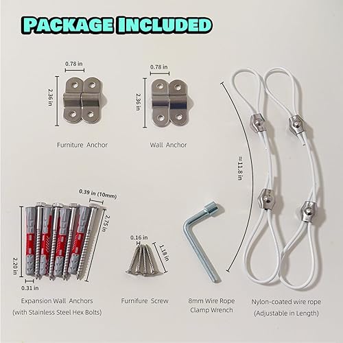 Miniatura 4 de Anclajes para muebles a prueba de bebés (paquete de 2), kit de correas de seguridad antipunta para asegurar la cómoda, estantería, TV, anclajes de