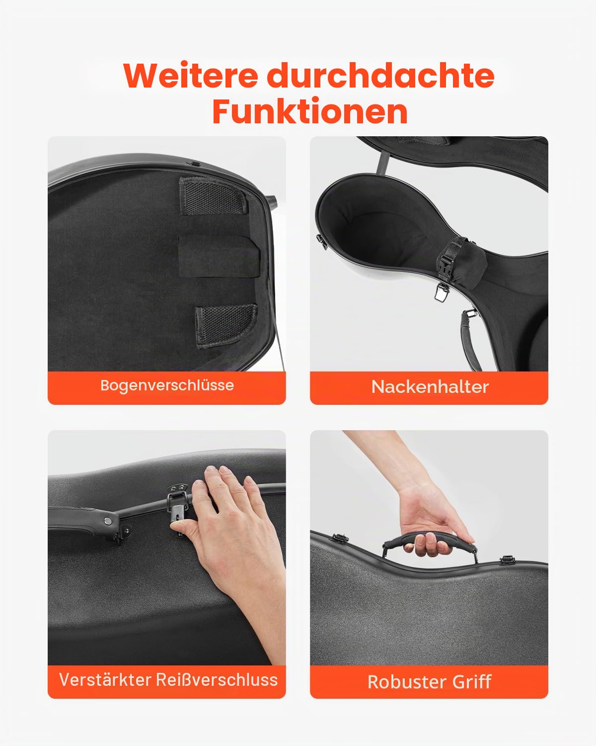 VEVOR 4/4-Cellokoffer in voller Größe, Verbundkohlenstofffaser, tragbare Reisetragetasche, mit Weichfutter, Zwei Schultergurten, Kratzfest, professionelle Celloform, für Cello, schwarz