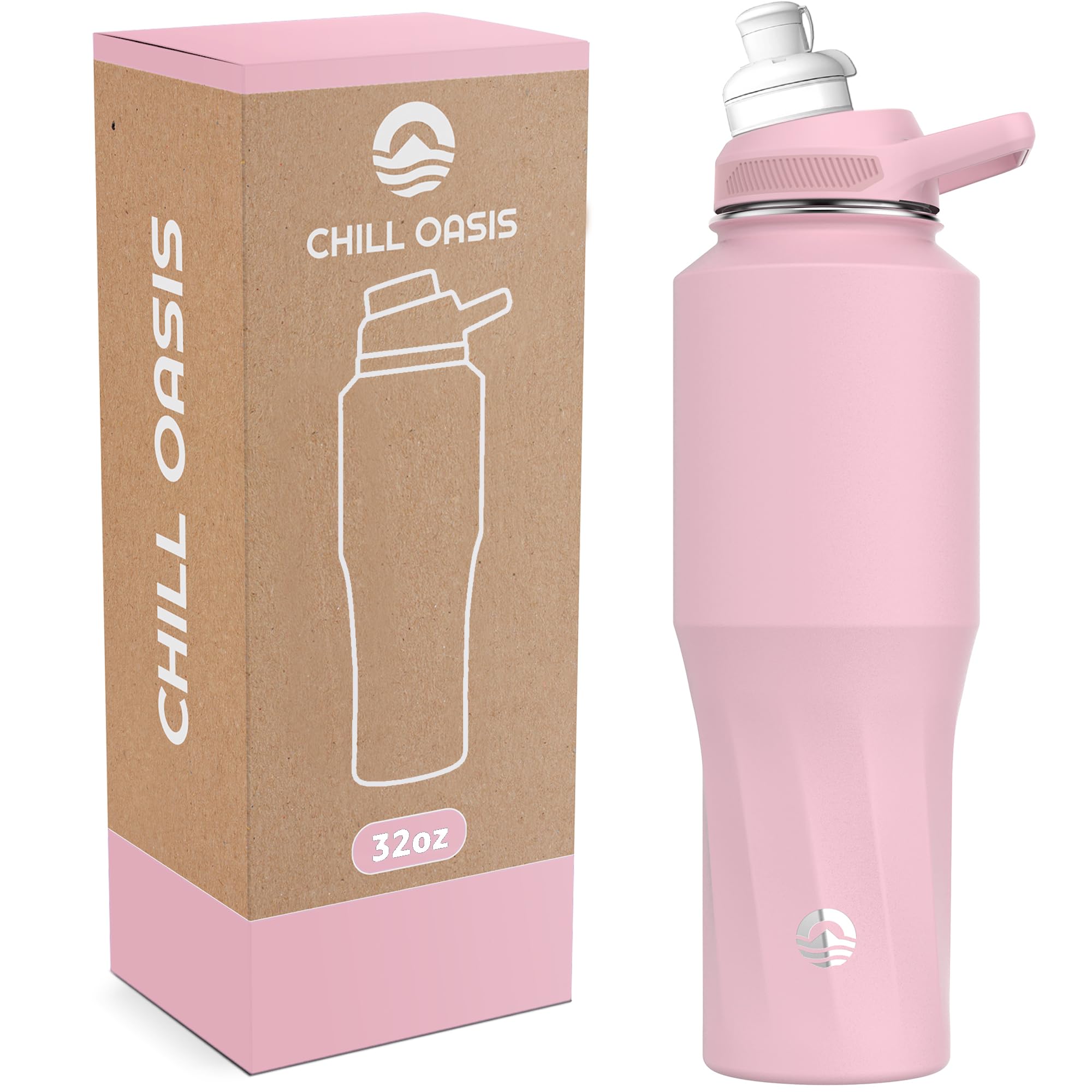 Chill Oasis Water Bottle | Compatible With Popular Flavor Cartridges | BPA Free, Leak Proof, Double-Walled Vacuum Insulated Stainless Steel, and Dishwasher Safe | Cold for 24 Hours (Pink, 32oz)