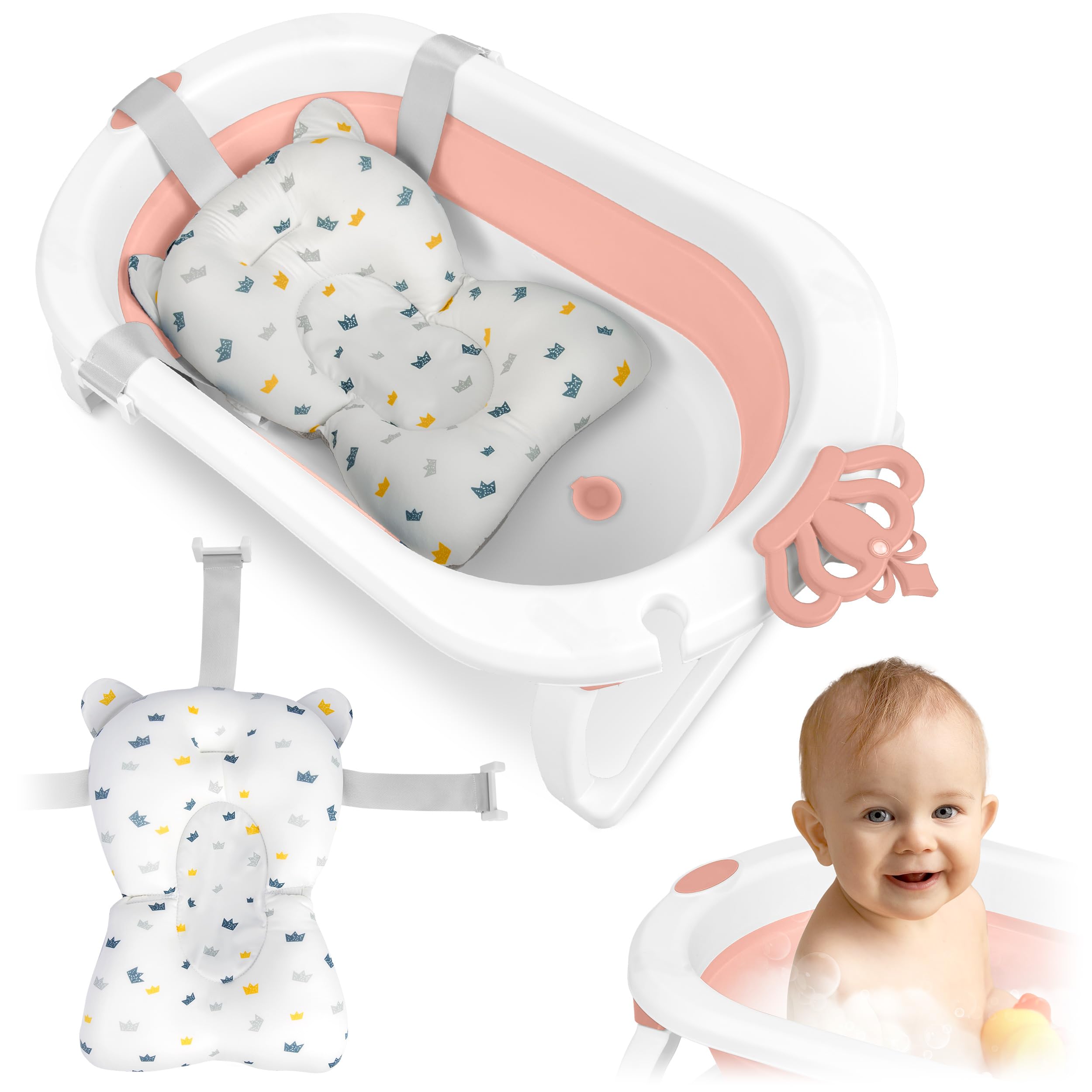 Ricokids Baby Bathtub with Bath Pillow - Foldable Lightweight Non-Slip - White Pink
