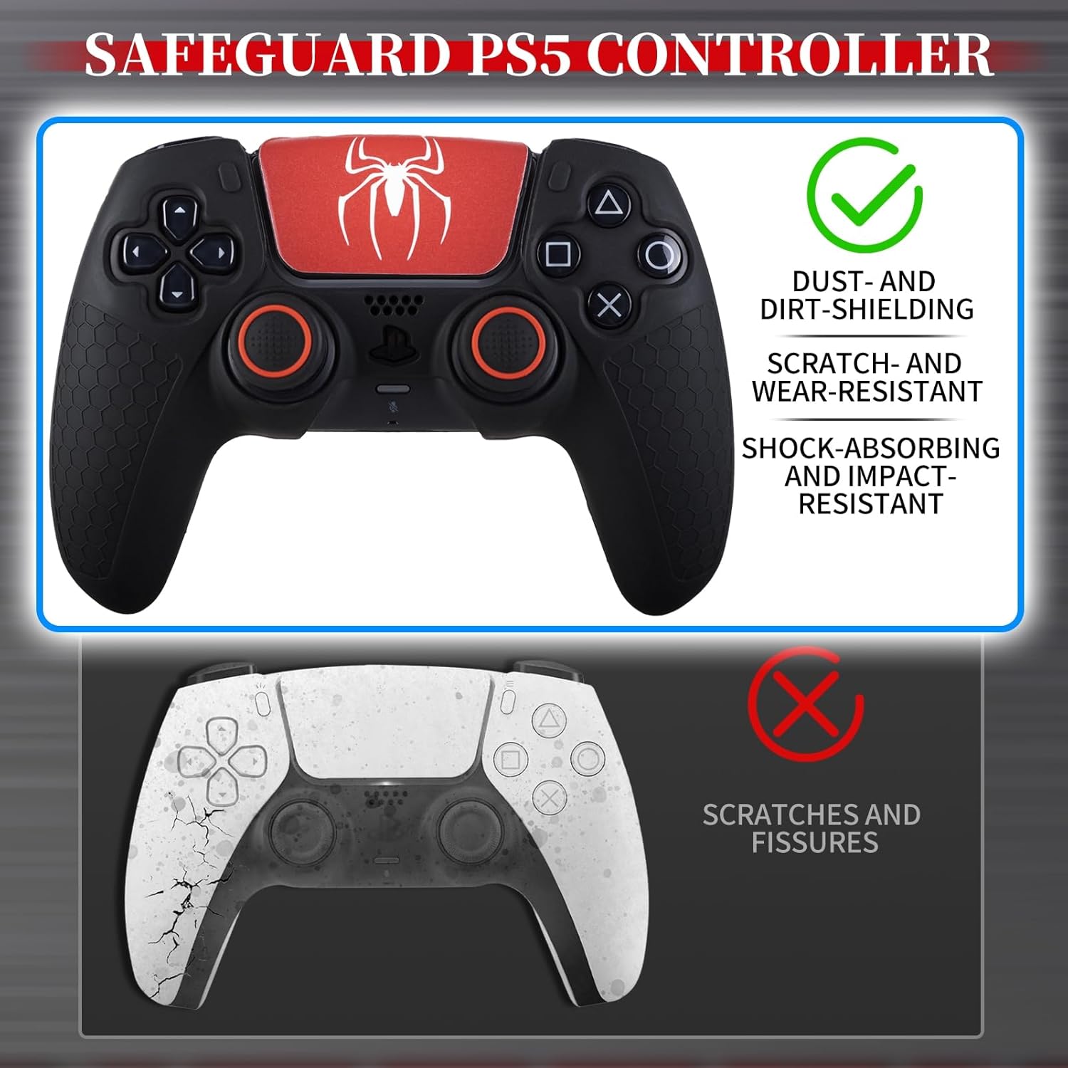 Non-Slip Silicone Cover for PS5 Controller with Thumbstick Caps x 2 & Sticker x 1(Spider Black) - Image 6