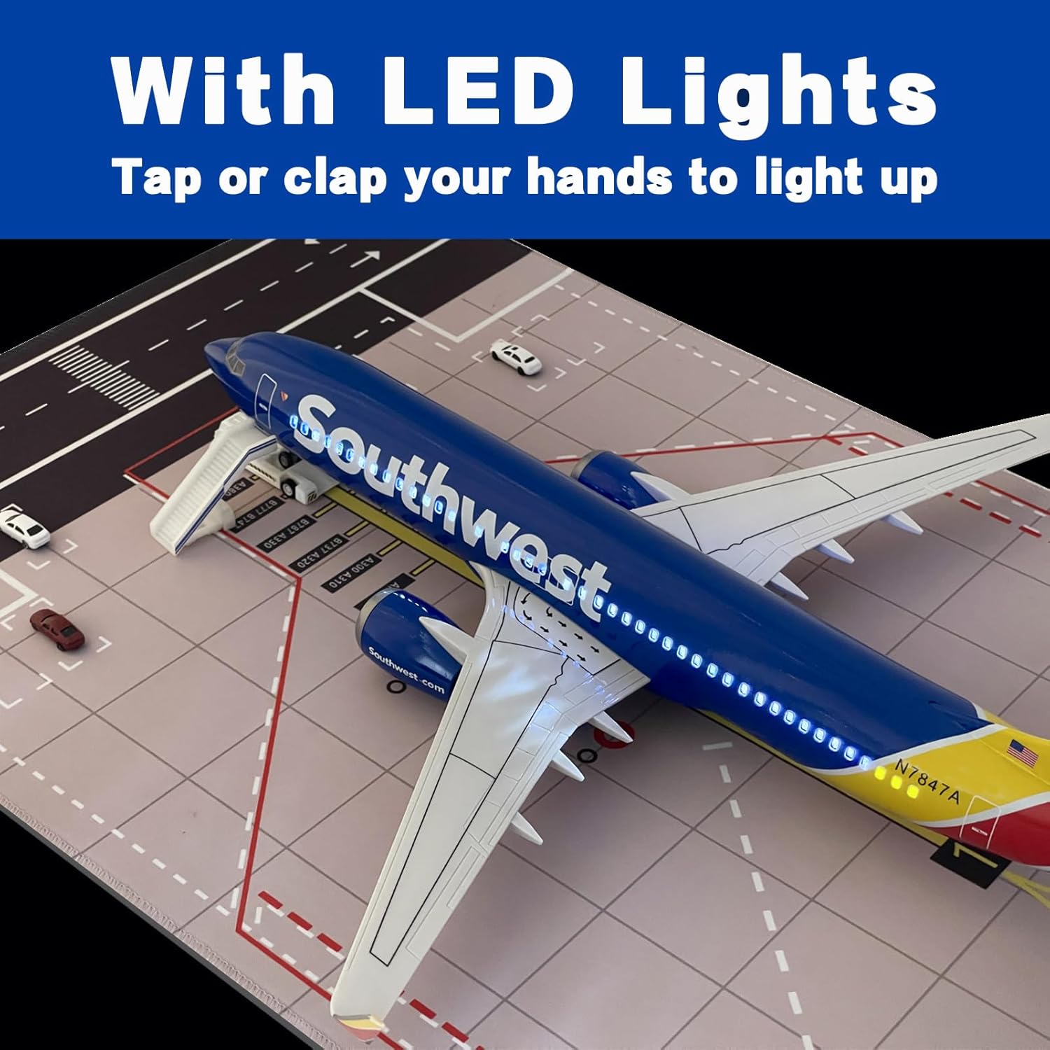 B737 Airplane Model, 1/85 Scale B737 Model 18.5 Inches Length, with LED Lights and Rubber Airport Mat - Ideal Collection and Gift