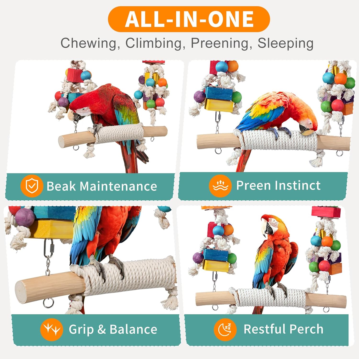 Giant Bird Toy for Large Parrots - Massive 4.6 lbs Heavy Duty Macaw Toy, 20" Extra Wide Parrot Swing with Natural Wood Blocks & Cotton Rope, Refillable Foraging Bird Toy for Cockatoos, African Greys