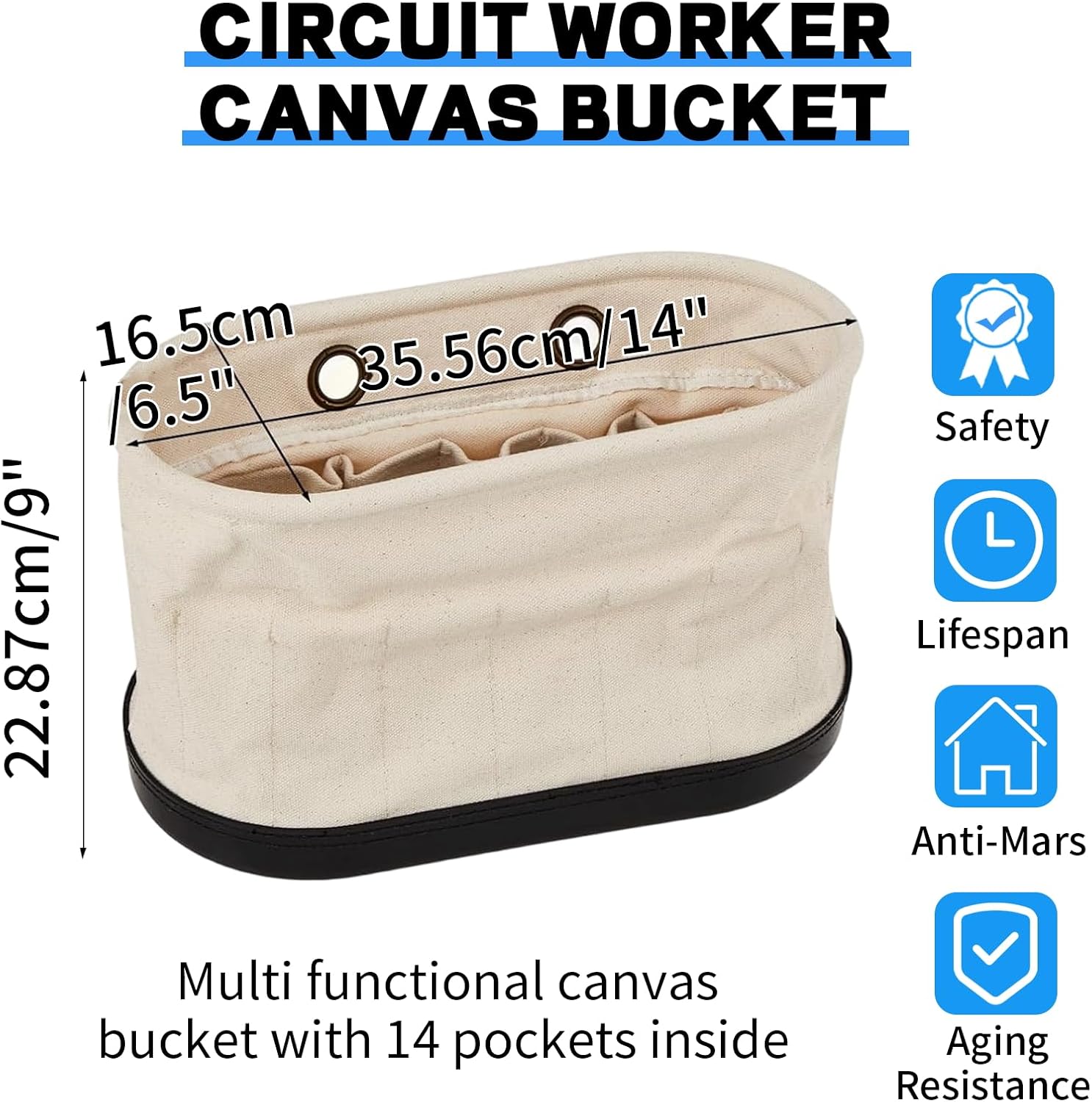 Canvas Bucket Bag, Aerial Oval Tool Bucket With Hooks & 15 Pockets, Oval Hard-Body Bucket Tool Organizer, Black Molded Polypropylene Bottom, for Industrial Maintenance Construction Sites (White)