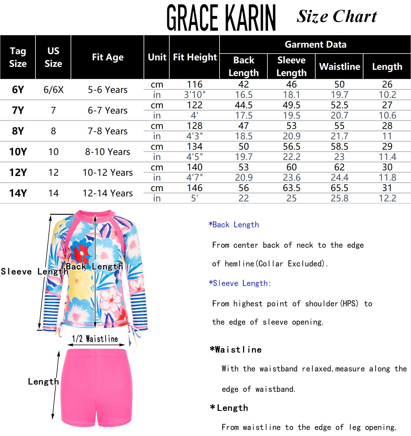 GRACE KARIN Traje de baño de manga larga para niñas, conjunto de traje de baño de 2 piezas, 6-14 años