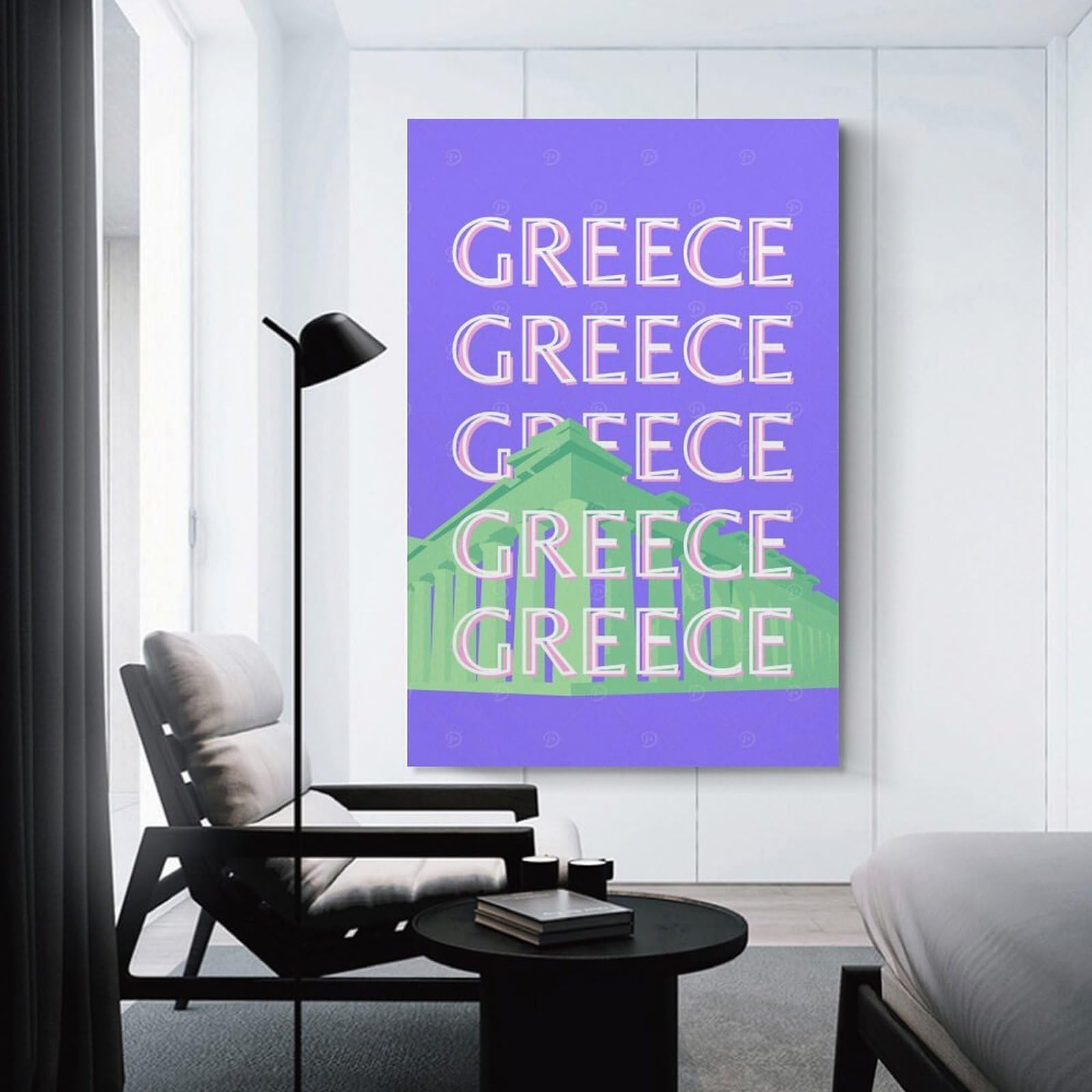 Junmoney Decorative Canvas Print Greece Travel Illustration, 24x36inch(60x90cm), for Entrance Spaces, Stair Walls Or Halls, A Neat Decor Update for Hallways