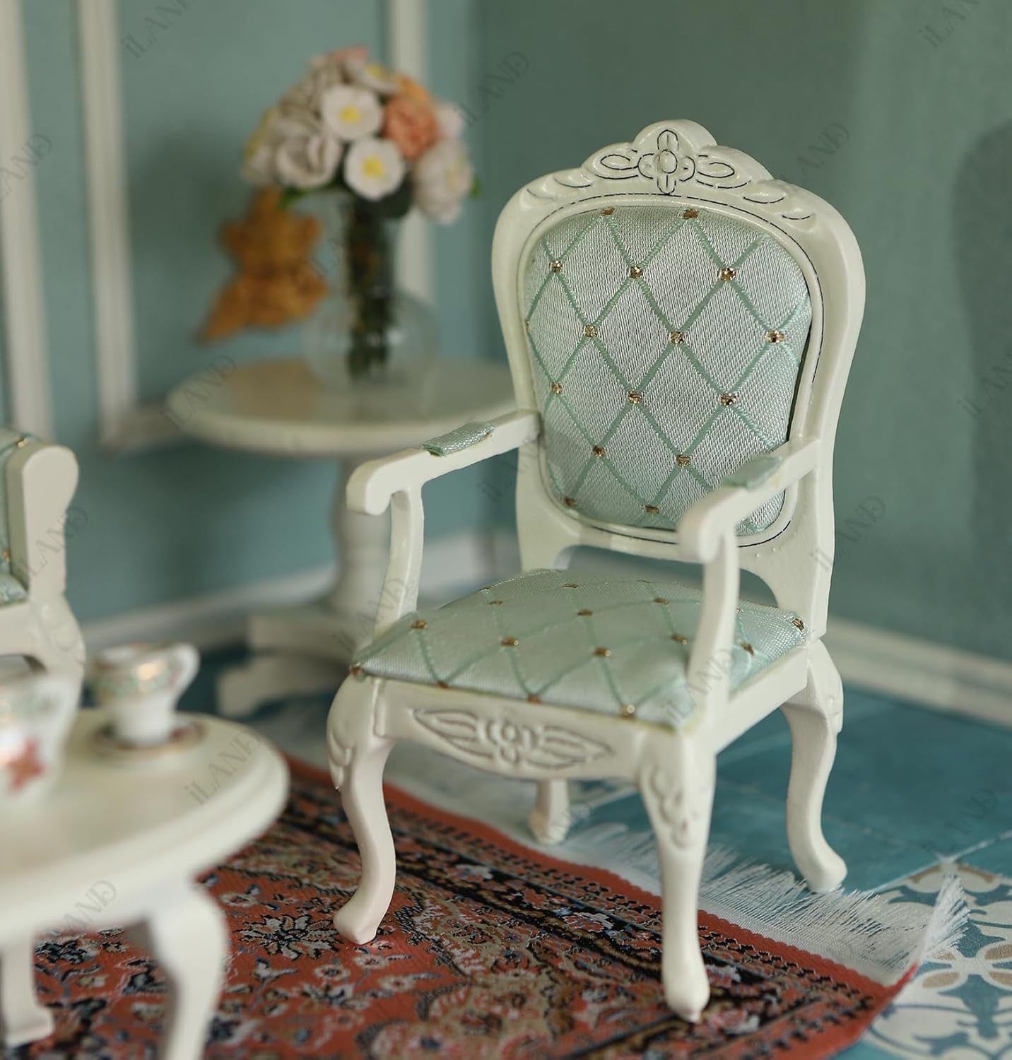 iLAND Victorian Dollhouse Furniture Set, Doll House Furniture and Accessories, Miniature Dollhouse Sofa with 1/12 Scale Accessories 8pcs, Mothers Gift, Wife Gift, Bookshelf Décor (White & Green)