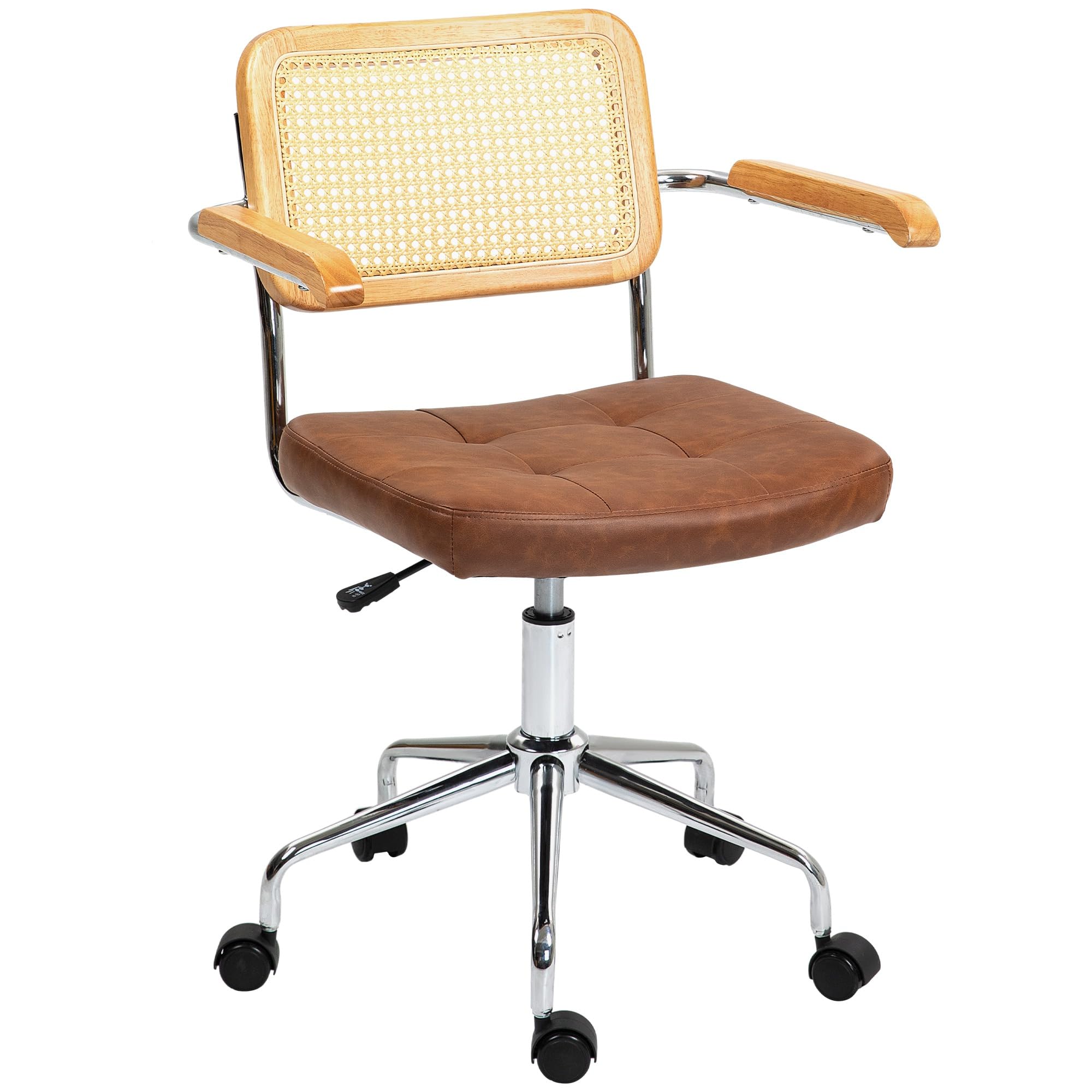 HOMCOM Silla de Oficina Giratoria Silla de Escritorio Altura Ajustable con Función de Basculante y Respaldo de Ratán Sintético Silla de Estudio Carga 120 kg 60x55,5x82-90 cm Marrón