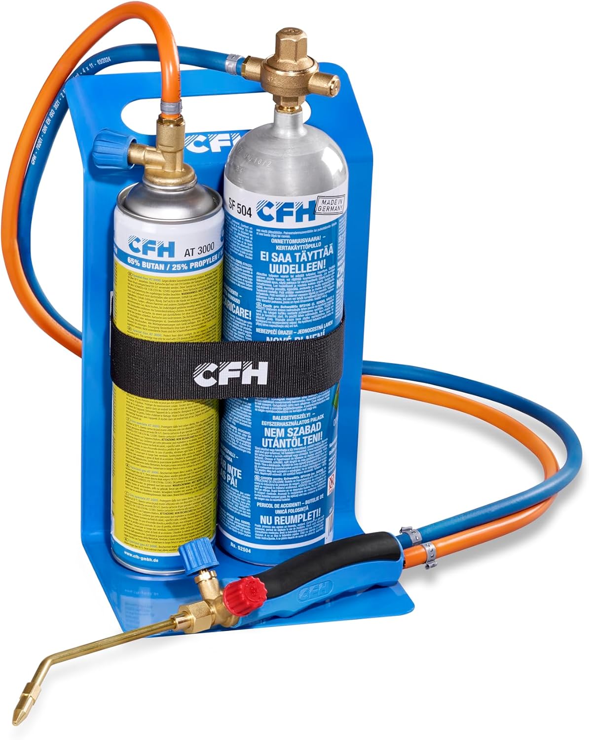 Close-up view of the CFH Svets-Fix SF 3100 kit, showing gas cylinders, regulator, hoses, and torch connections.