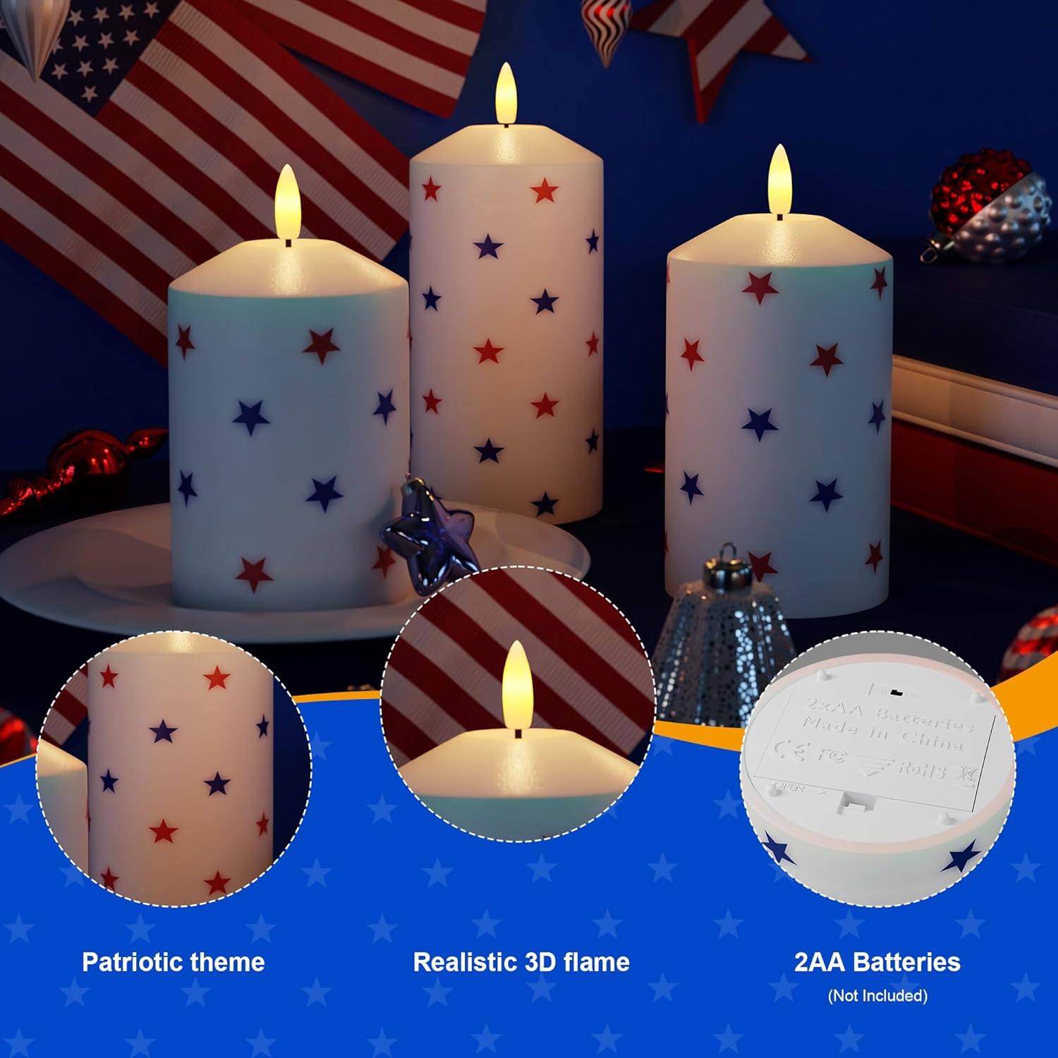 Patriotic Red White and Blue Star Candles, Real Wax 4th of July Led Candles, Flickering Flameless Candles with Remote, Memorial Day Flameless Pillar Candles for Patriotic Holiday Decor