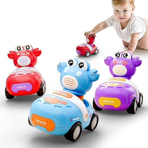 iPlay, iLearn Press to Go - Juego de juguetes de cangrejo para niños pequeños de 1 a 3 años, coches de carreras de fricción para bebés, juego de