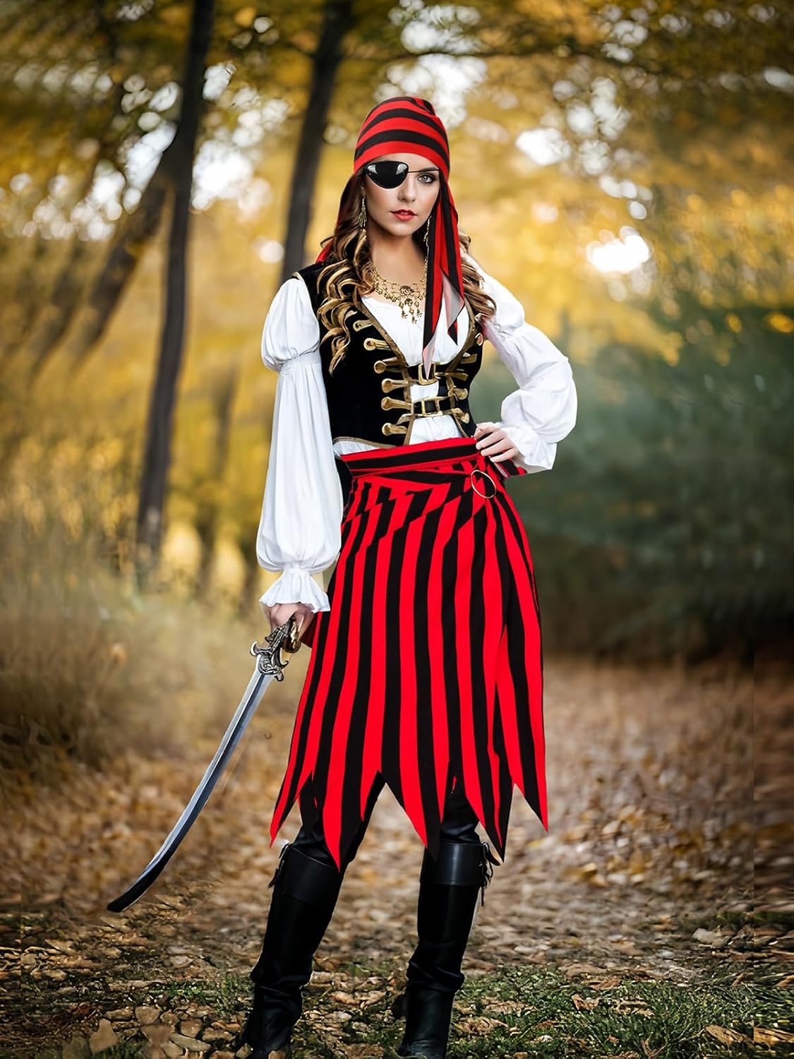Jansun 6-Piece Pirate Costume Set - Women's Pirate Skirt Dress, Open Design, Adult Head Scarf, Hat, Eye Patch, Skeleton Necklace, Earrings - Image 2