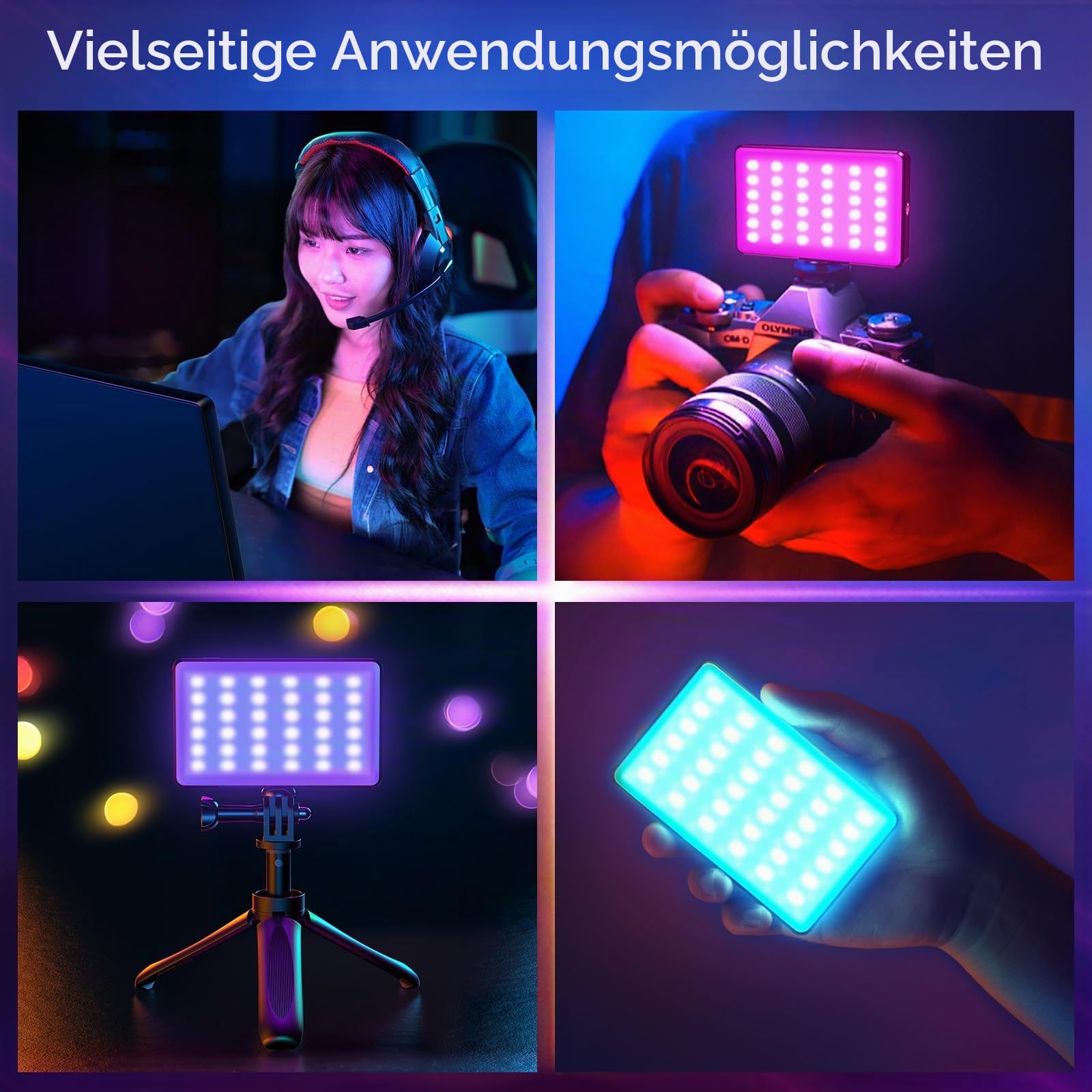 RGB LED Videoleuchte, Tragbares Selfie Licht mit 2500K–9000K, HUE 0–359°, 20 Lichteffekten, CRI 95+, Mini Fotolicht mit Clip & Tischstativ für Handy/Kamera/Laptop
