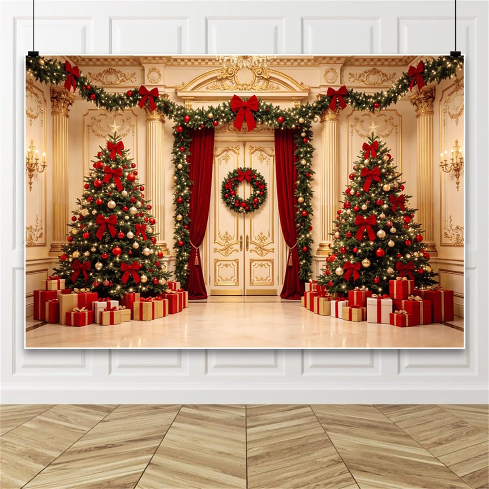 3x2.5m Fondos fotográficos Navidad, árbol de Navidad salón Decorado Lazo Rojo Guirnalda Corona Cajas de Regalo Fondo para decoración Fiesta navideña y Año Nuevo Vinilo