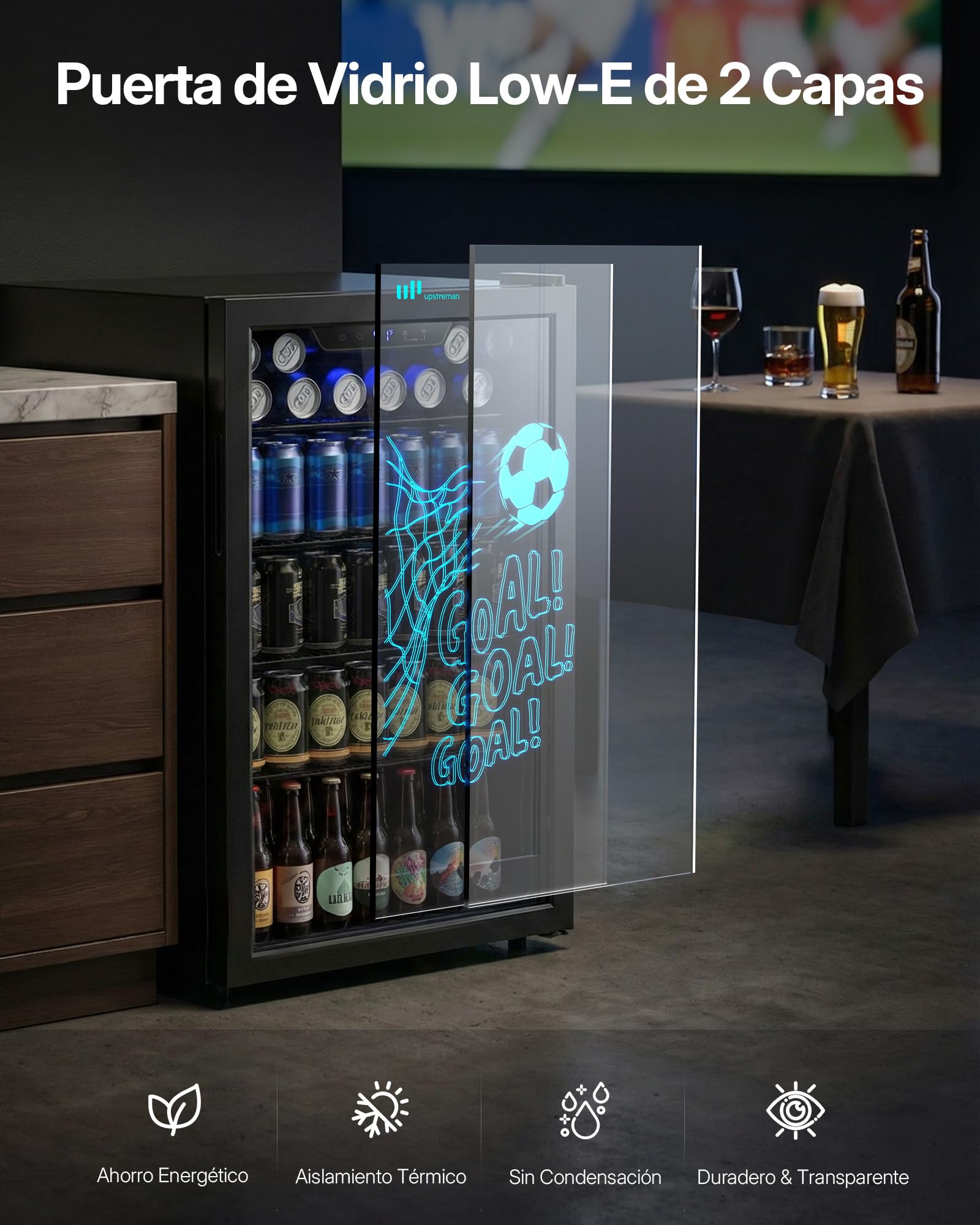 Upstreman Frigorífico de Bebidas 91 L, Mini Nevera con Puerta de Vidrio Doble, LED con Diseño de Fútbol, 4 Estantes Extraíbles, 0-15℃, para 126 Latas, Nevera Pequeña para Refrescos, Cerveza y Vino