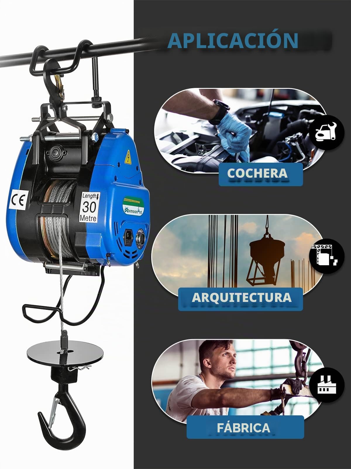 Mxmoonant Grúa de elevación eléctrica de 30 m, con carcasa de aleación con motor actualizado de 1500 W, cable de 6,8 m y control inalámbrico de 150 m, tipo reforzado para trabajar con necesidades