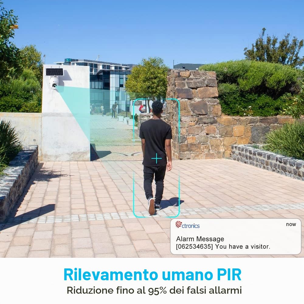 Ctronics 2.5K 4MP Telecamera Wi-Fi Esterno Senza Fili con 355/95°Pan & Tilt | Telecamera con pannello solare Batteria, Visione Notturna a Colore, Rilevamento Umano PIR, Audio a Due Vie, IP66