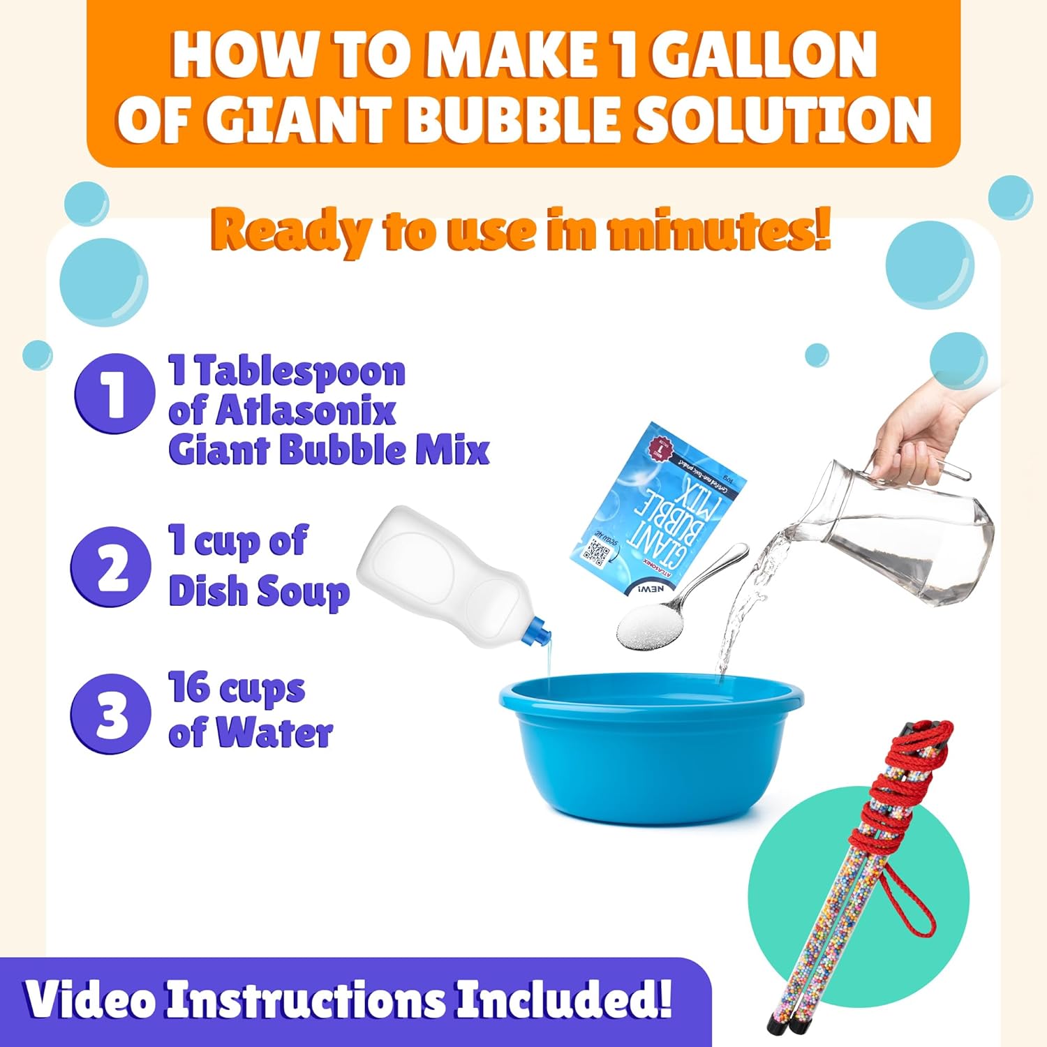 Big Bubble Wand, Giant Bubble Wands for Kids | Huge Bubble Maker Kit with 2 Bubble Mix Packs Makes 2 Gallons, Fun Outdoor Toy for Boys and Girls